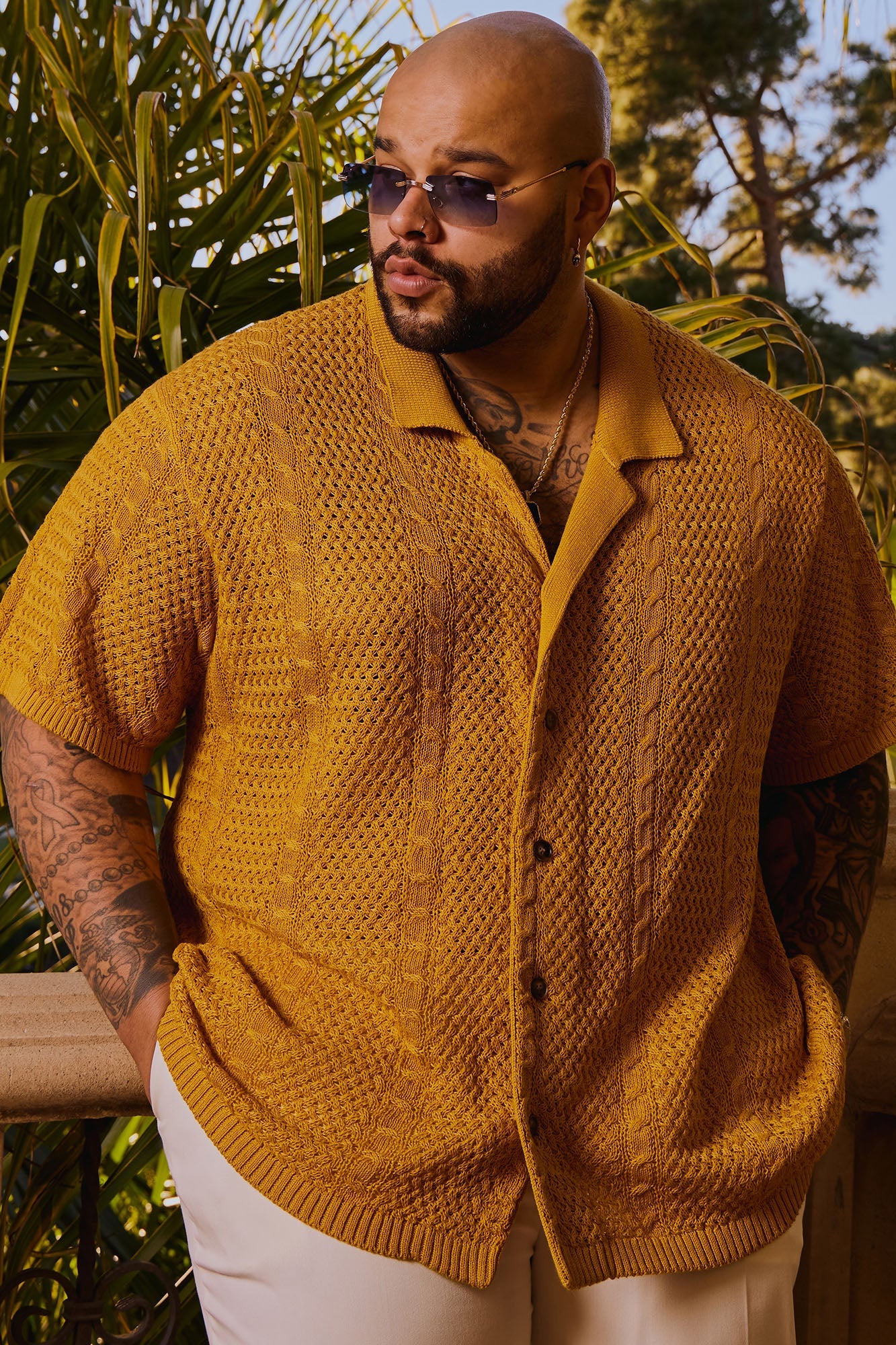Unwind Cable Knit Short Sleeve Button Up - Mustard Fashion Nova