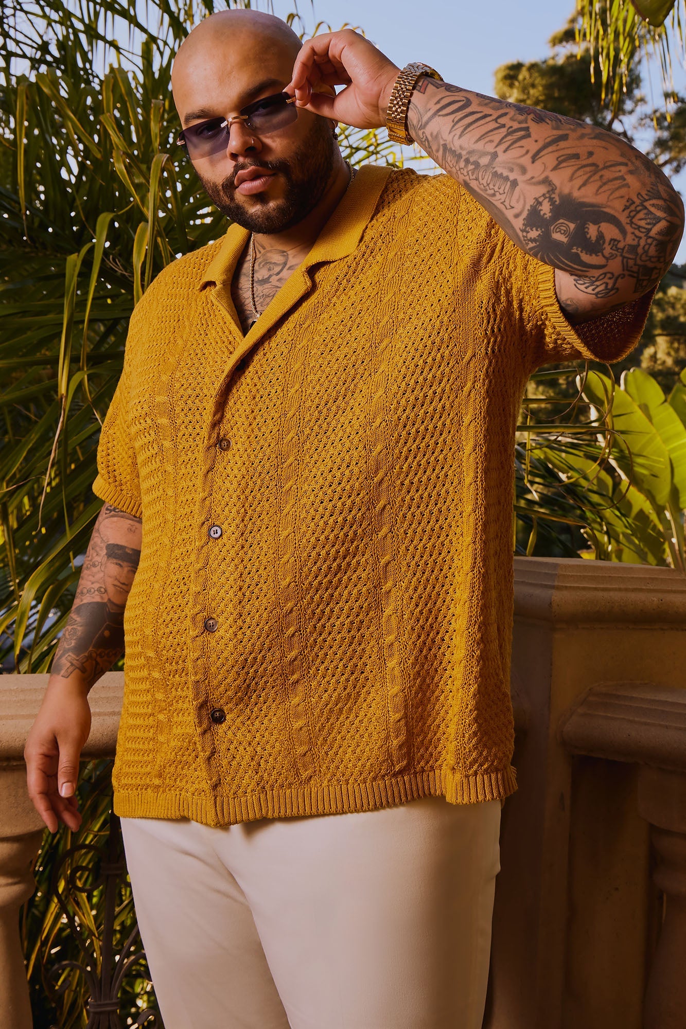 Unwind Cable Knit Short Sleeve Button Up - Mustard Fashion Nova