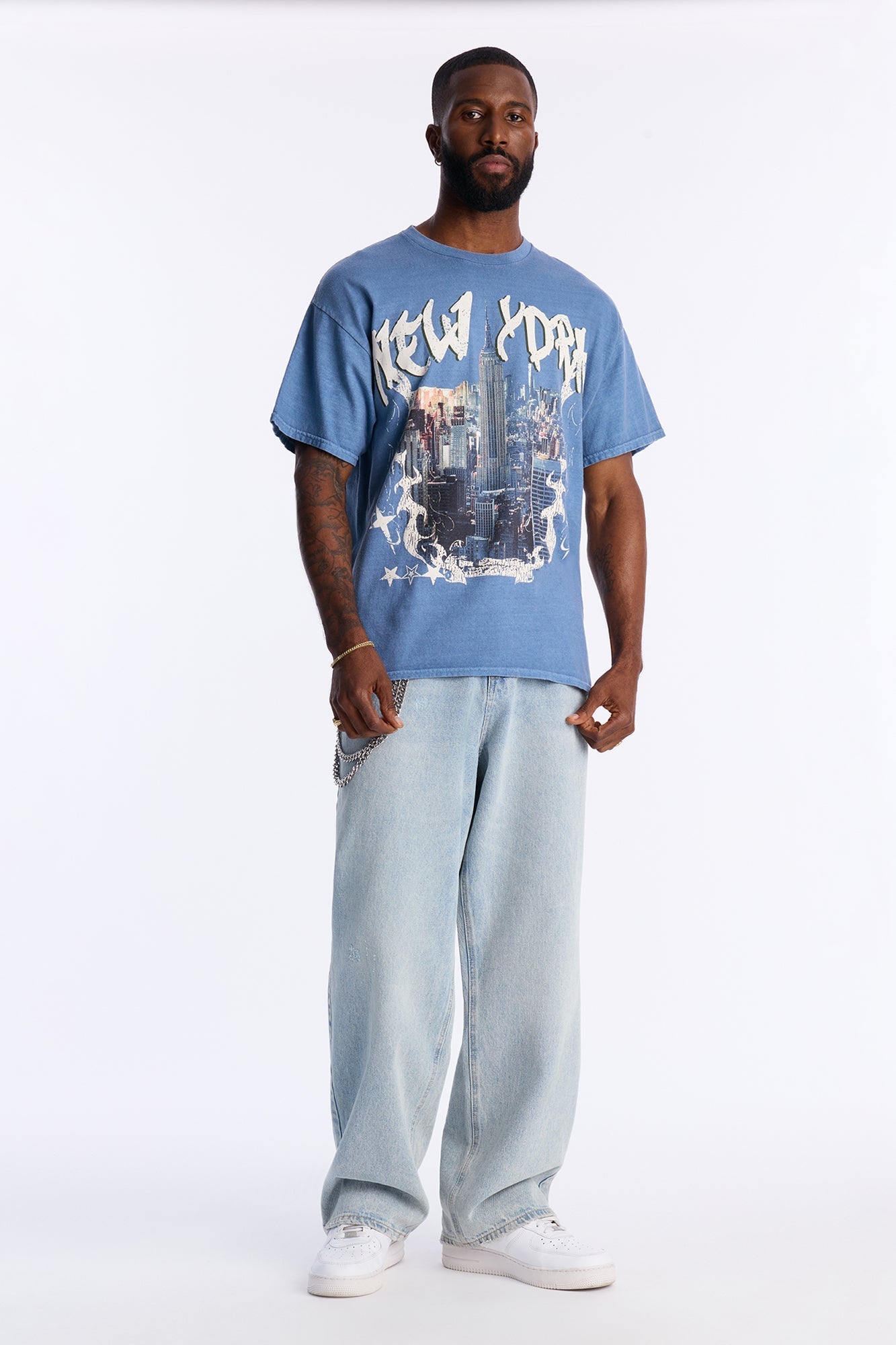 New York Skyscrapers Oversized Short Sleeve Tee - Indigo Fashion Nova