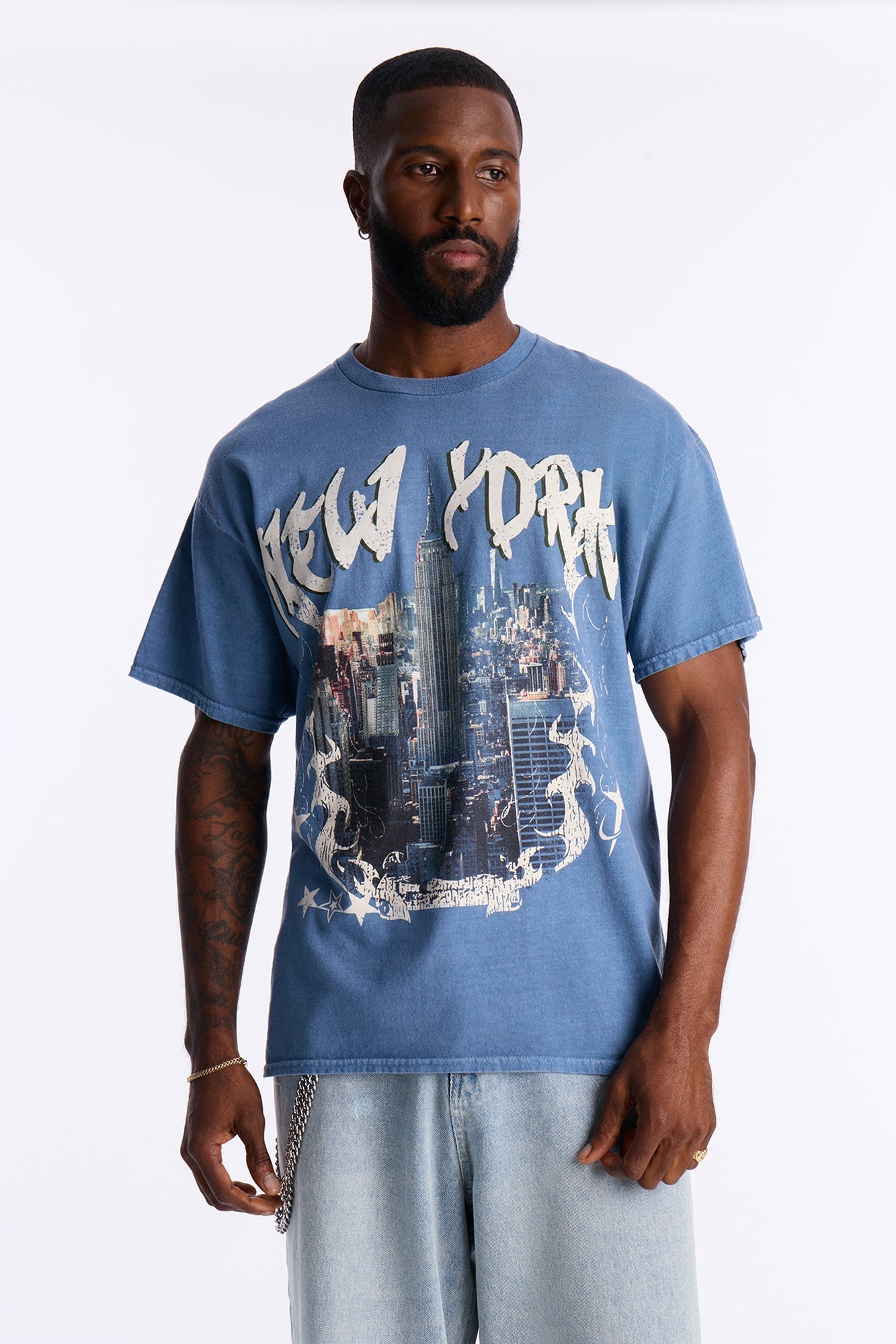 New York Skyscrapers Oversized Short Sleeve Tee - Indigo Fashion Nova