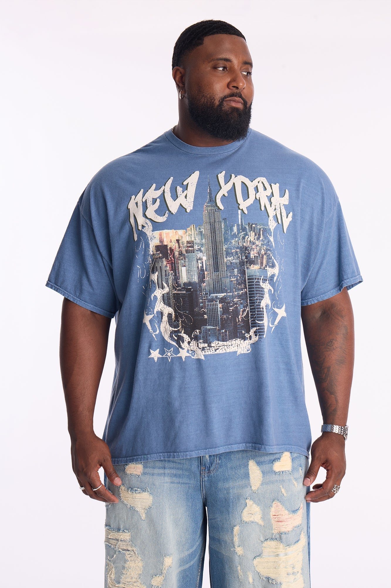 New York Skyscrapers Oversized Short Sleeve Tee - Indigo Fashion Nova