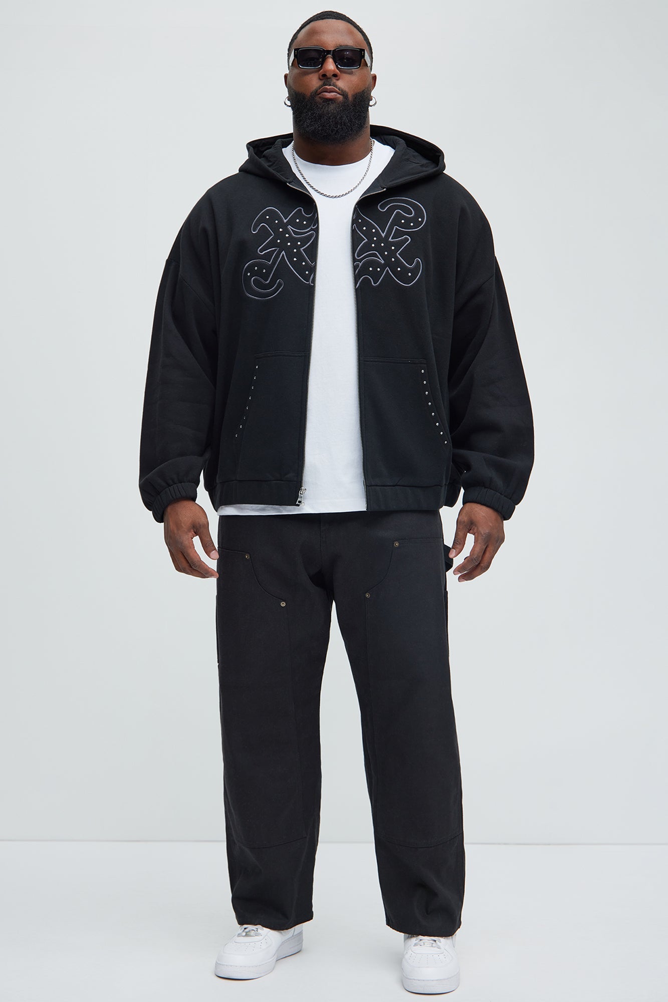 Tyson Rhinestone Oversized Zip Up Hoodie - Black Fashion Nova