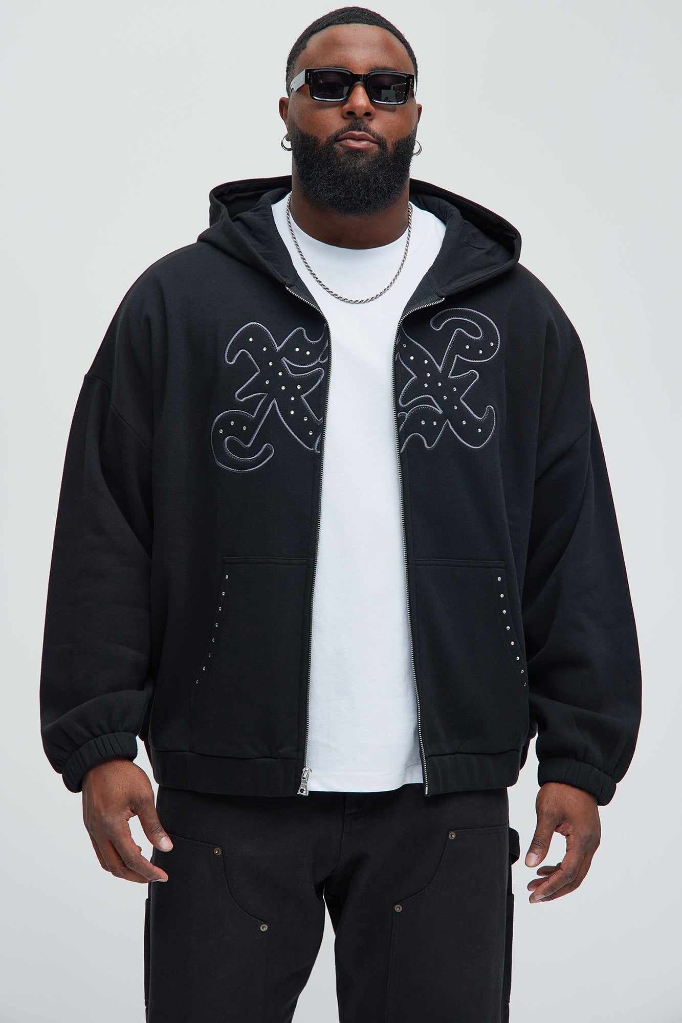 Tyson Rhinestone Oversized Zip Up Hoodie - Black Fashion Nova