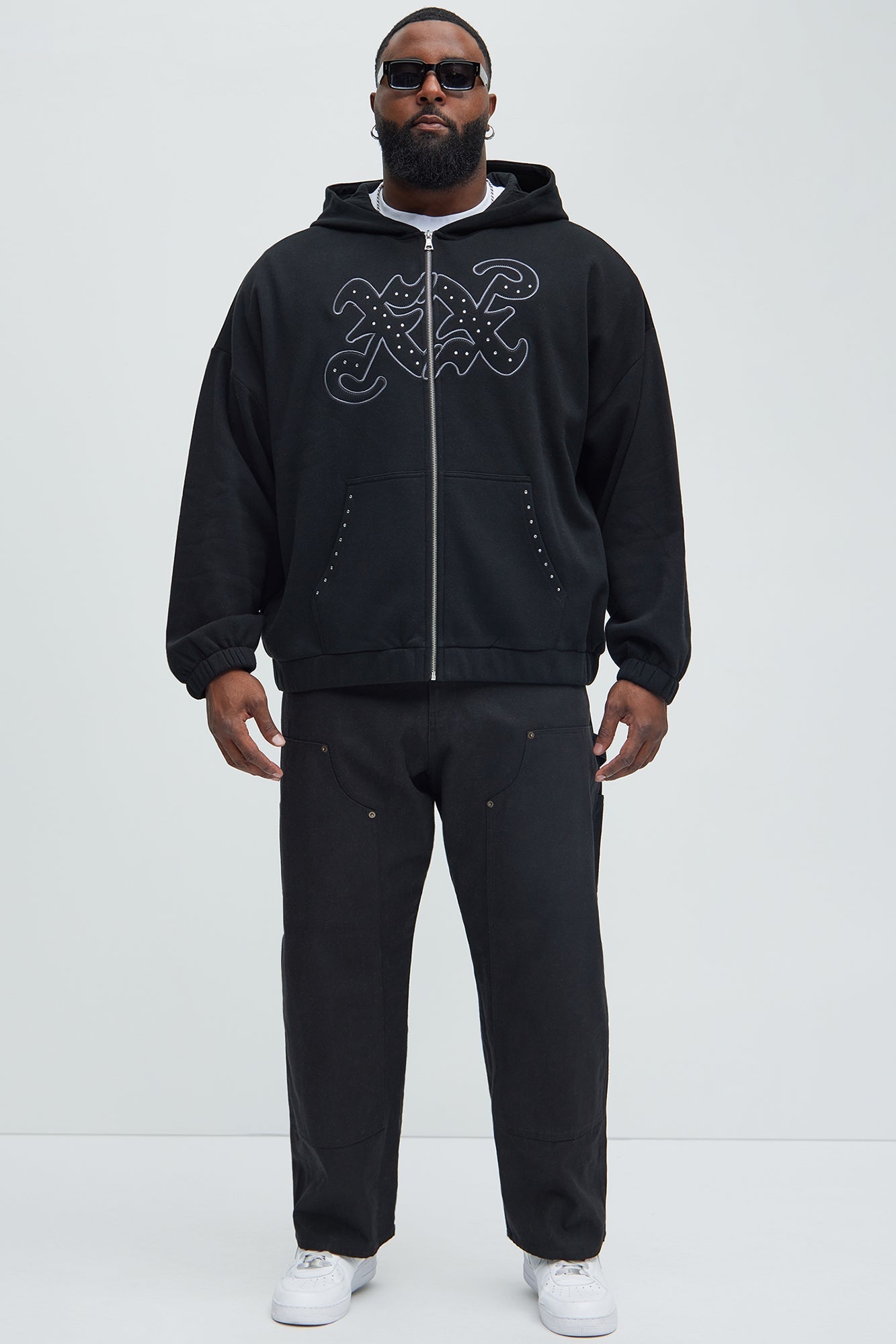 Tyson Rhinestone Oversized Zip Up Hoodie - Black Fashion Nova