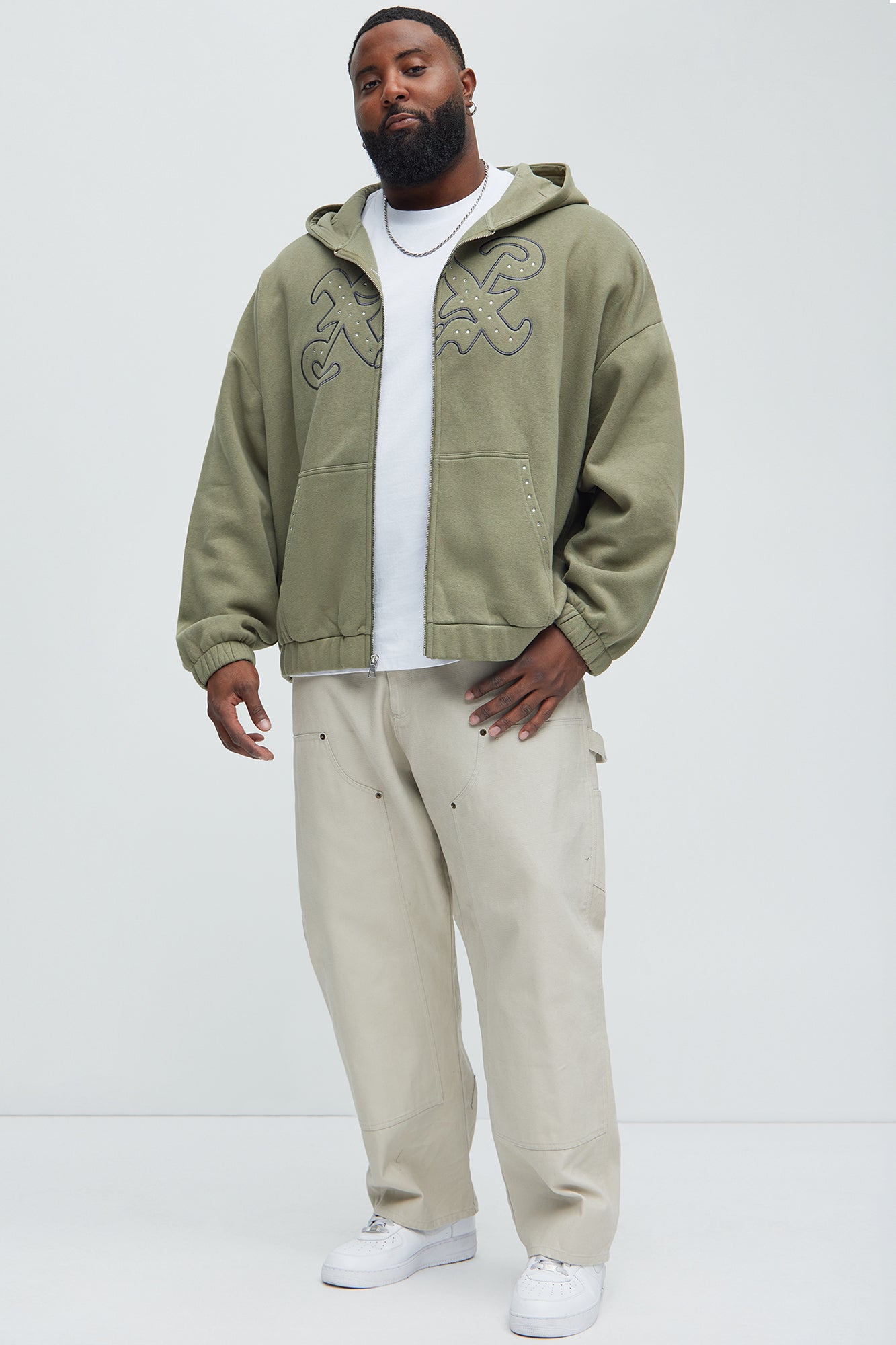 Tyson Rhinestone Oversized Zip Up Hoodie - Olive Fashion Nova