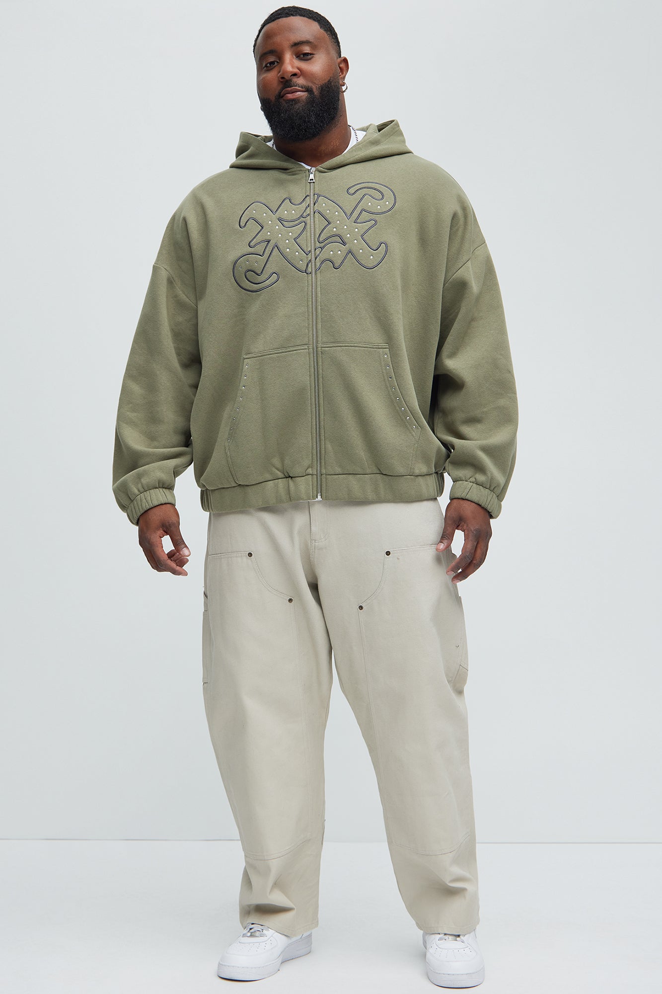 Tyson Rhinestone Oversized Zip Up Hoodie - Olive Fashion Nova