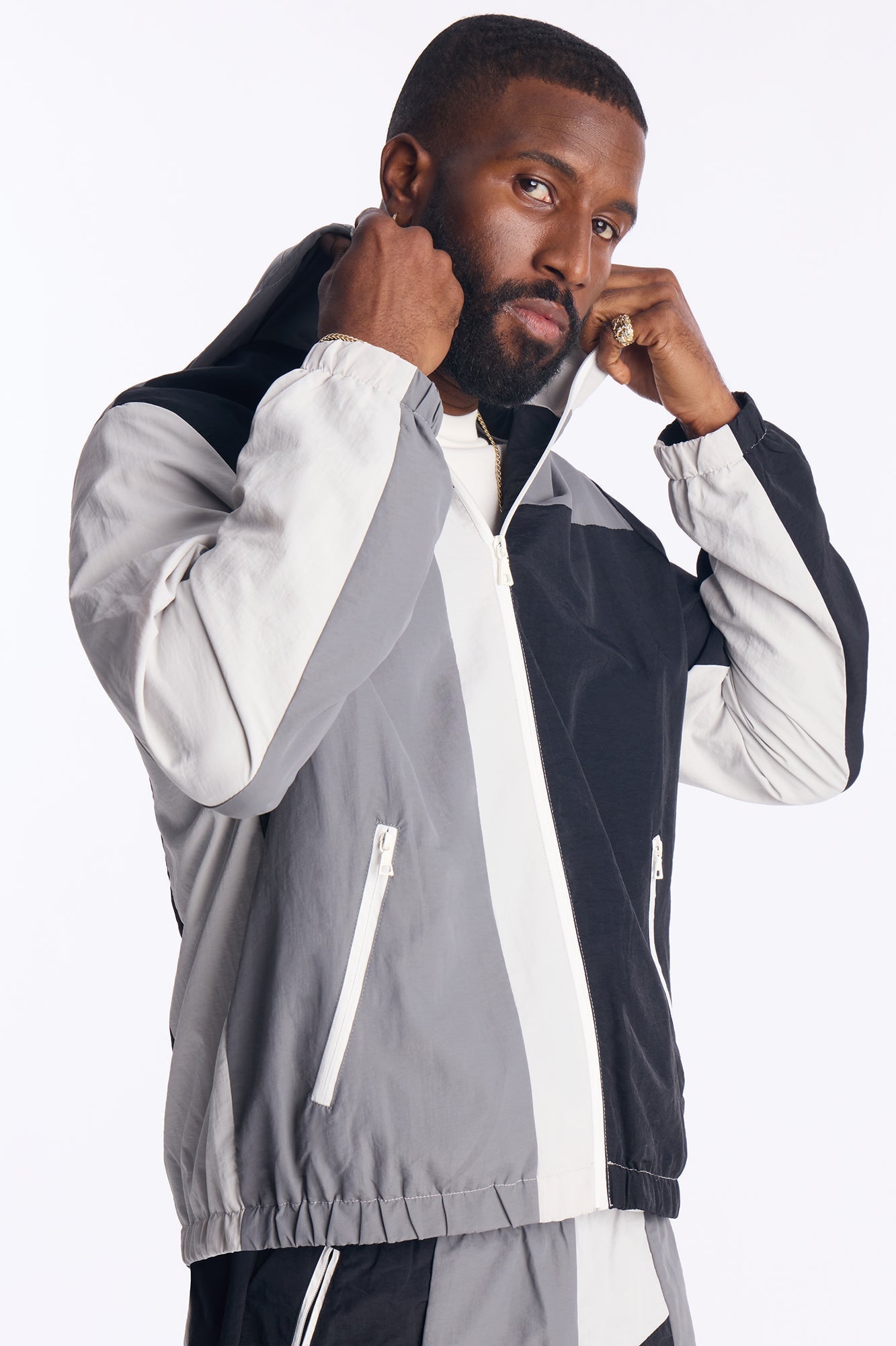 Relaxed Axel Color Block Funnel Neck Hooded Tech Jacket - Black Fashion Nova
