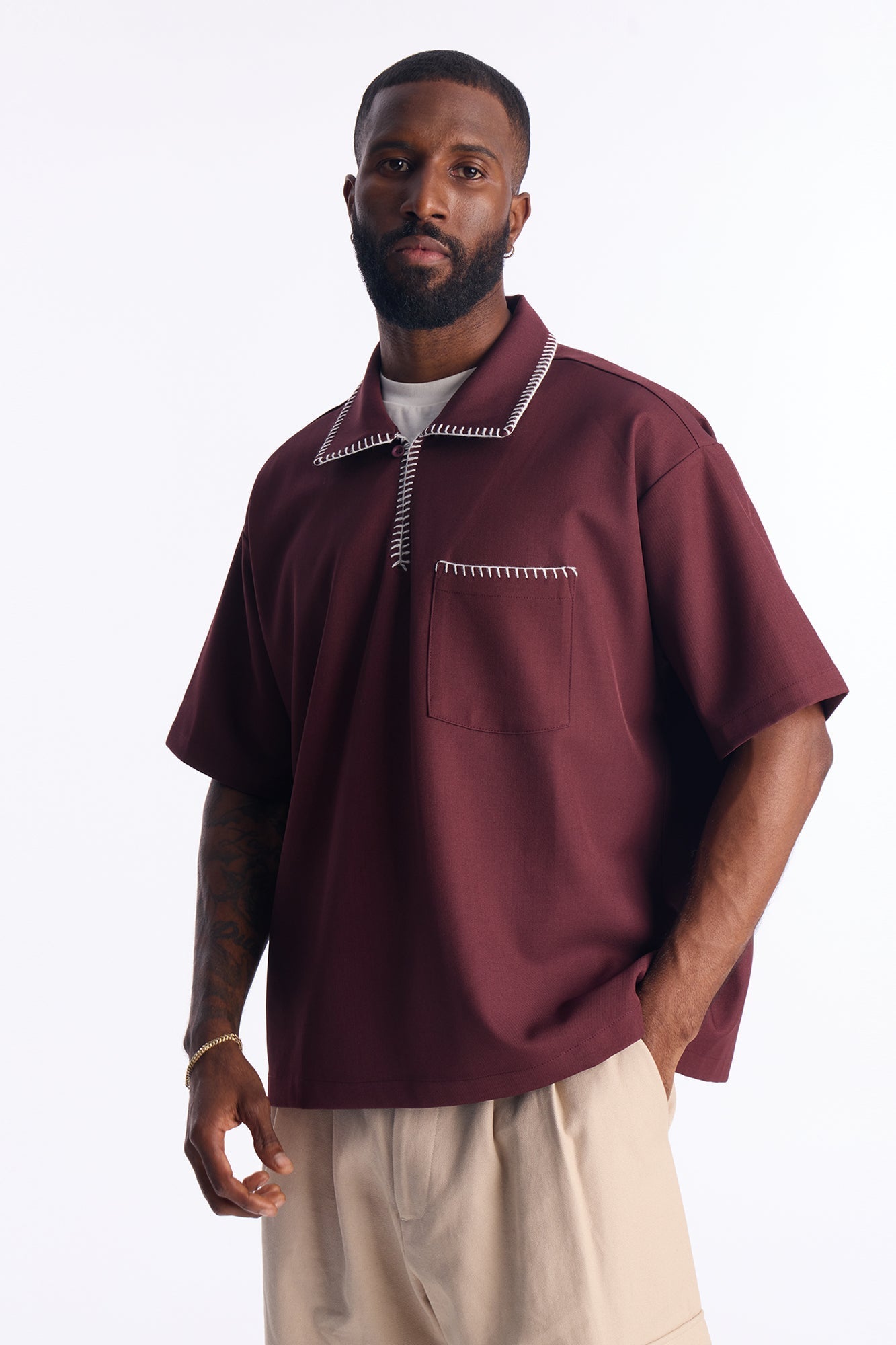Hyde Stitch Polo - Burgundy Fashion Nova