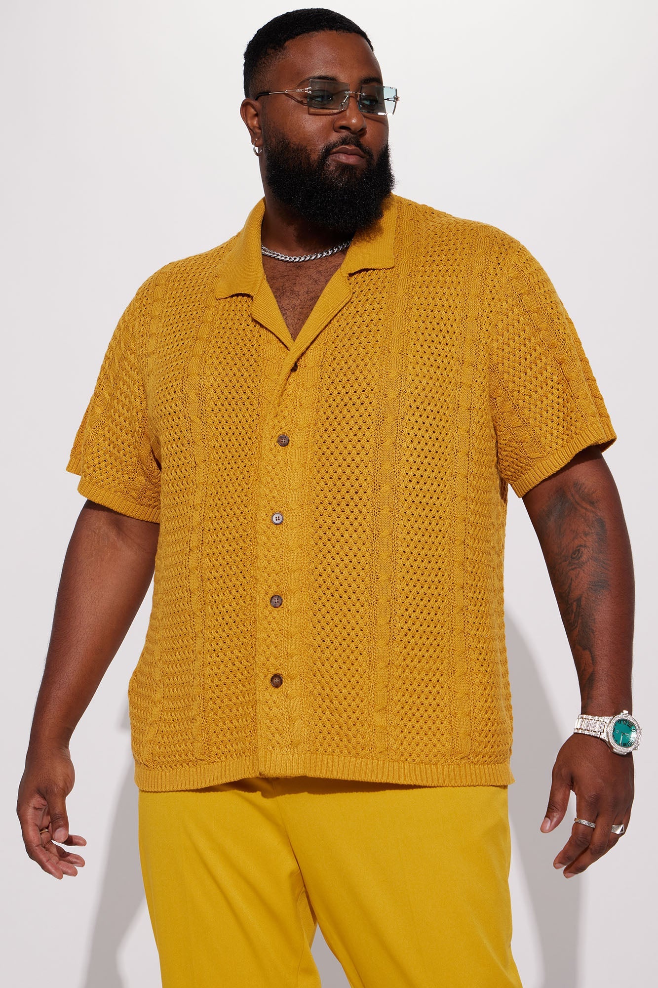 Unwind Cable Knit Short Sleeve Button Up - Mustard Fashion Nova