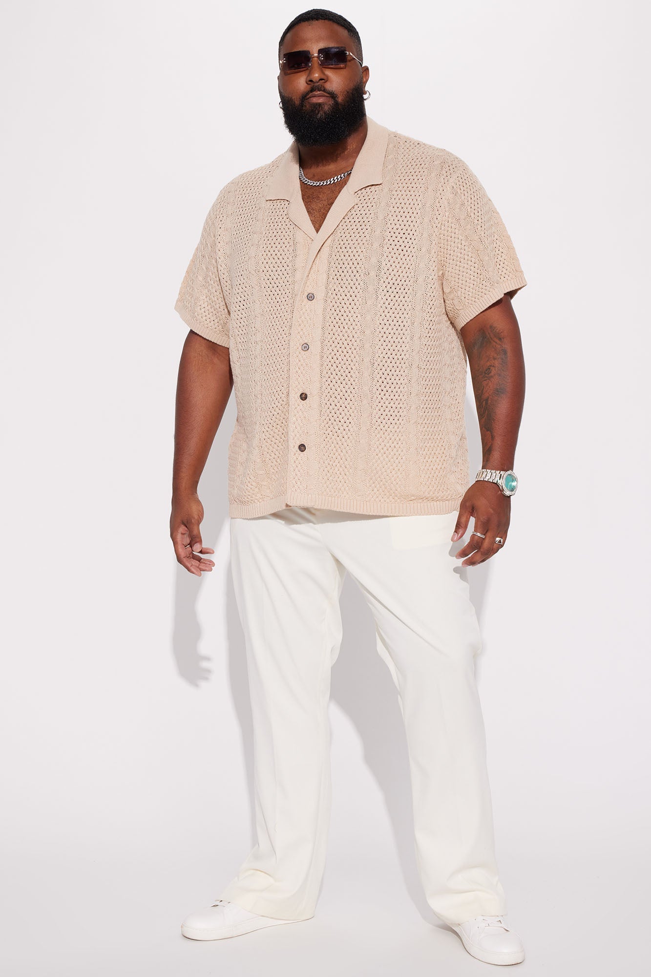 Unwind Cable Knit Short Sleeve Button Up - Oatmeal Fashion Nova