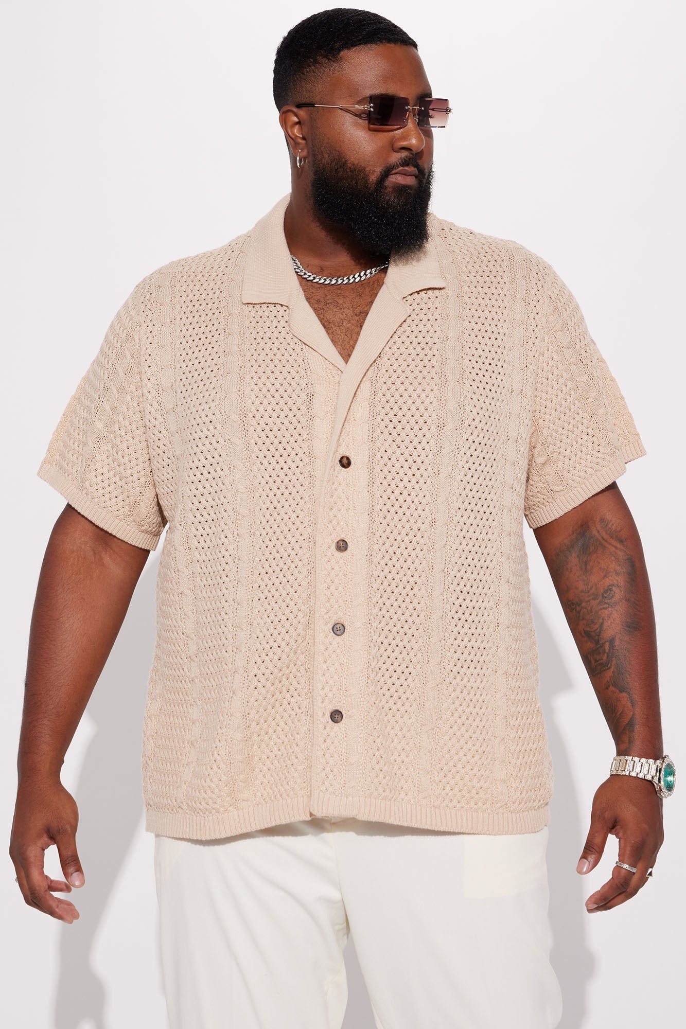 Unwind Cable Knit Short Sleeve Button Up - Oatmeal Fashion Nova