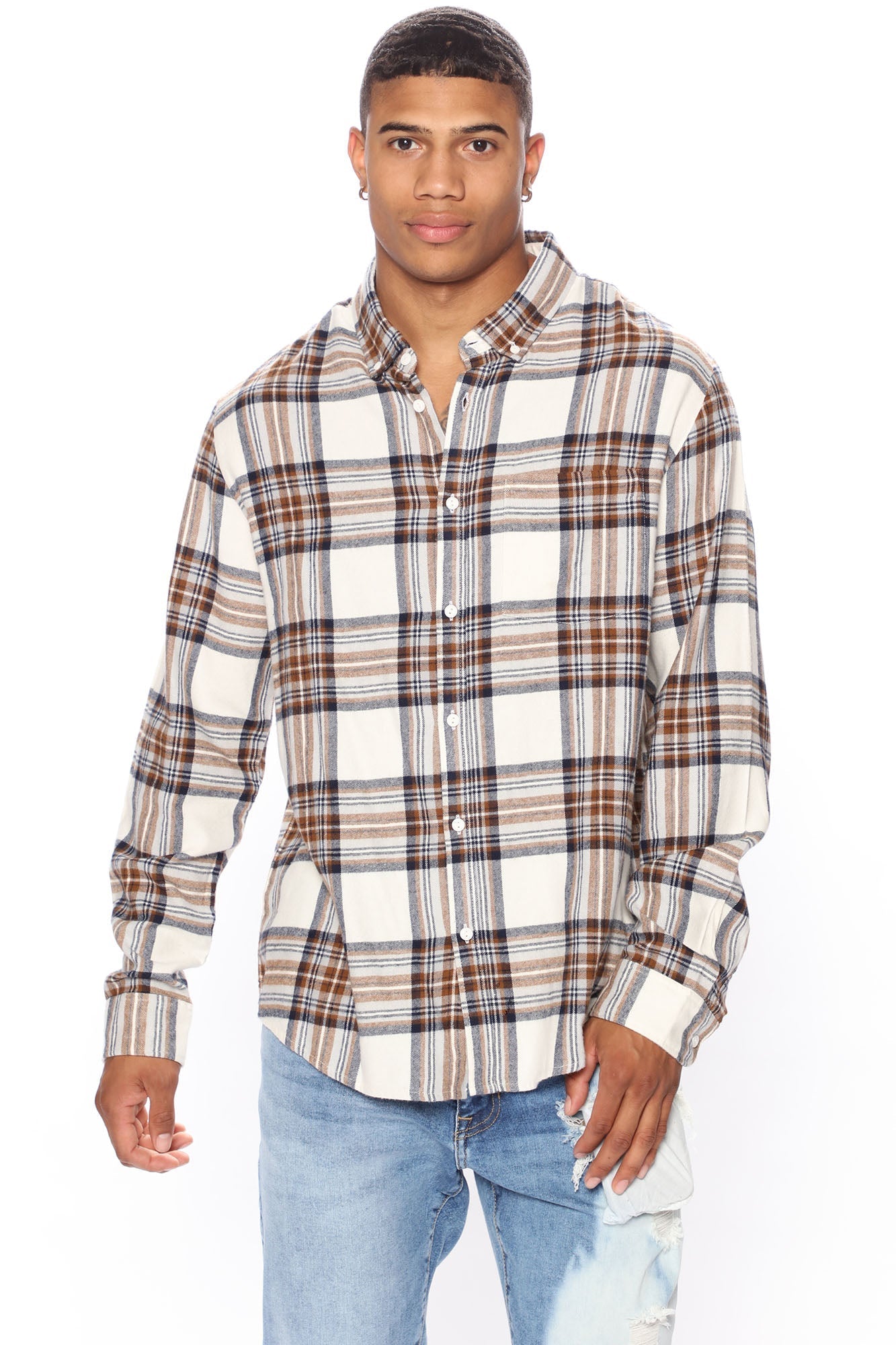 Light Breeze Plaid Long Sleeve Woven Top - Khaki/combo Fashion Nova