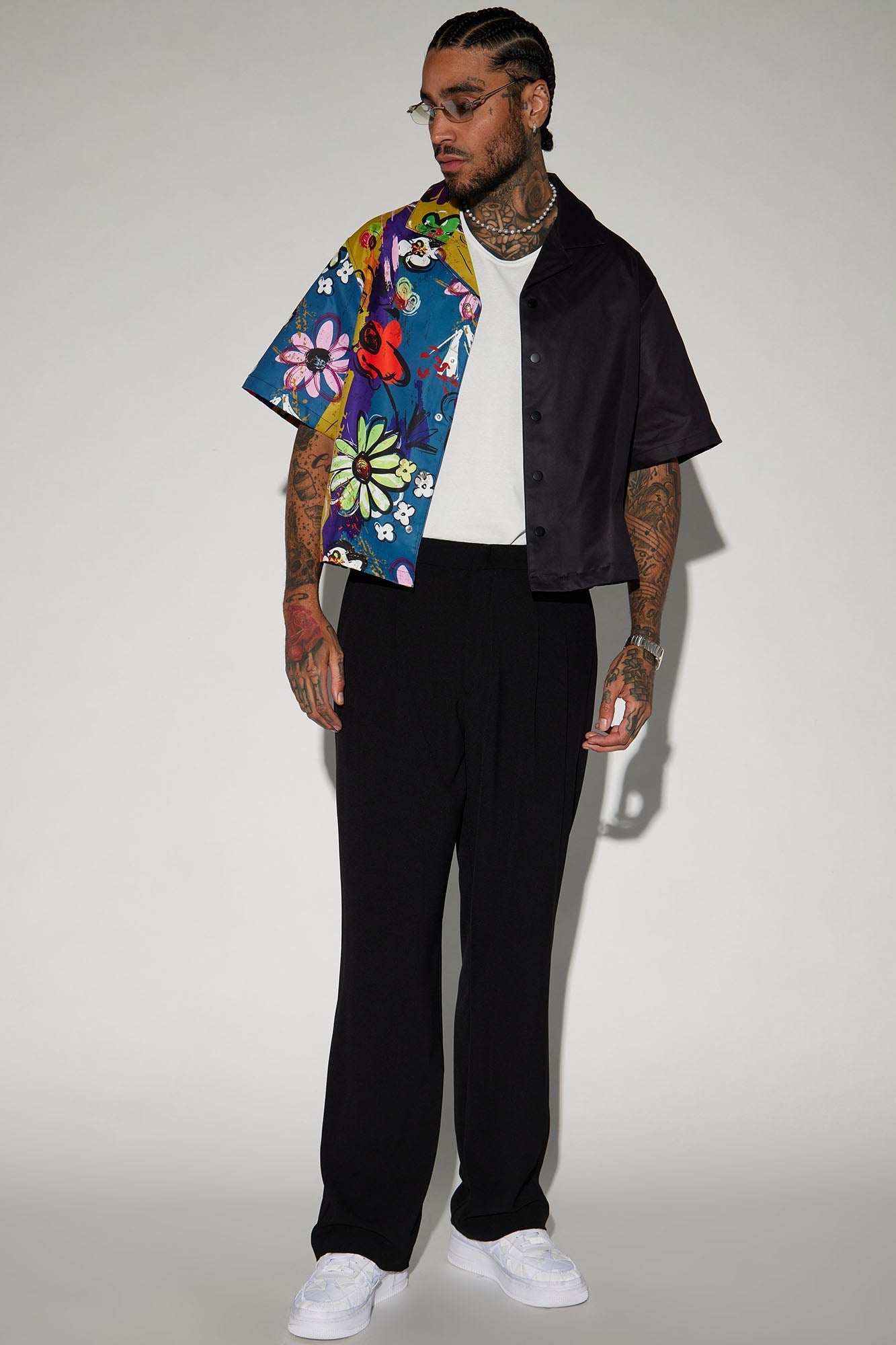 Volos Split Cropped Shirt - Navy/Multi Fashion Nova