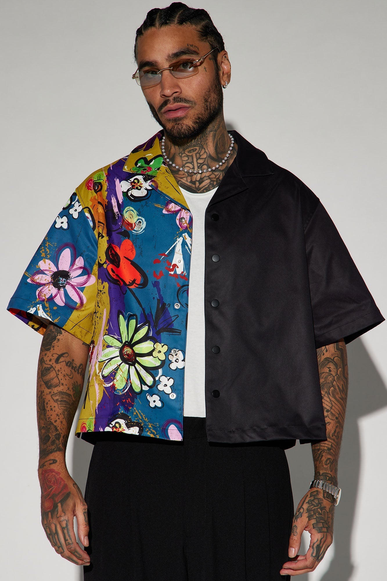 Volos Split Cropped Shirt - Navy/Multi Fashion Nova