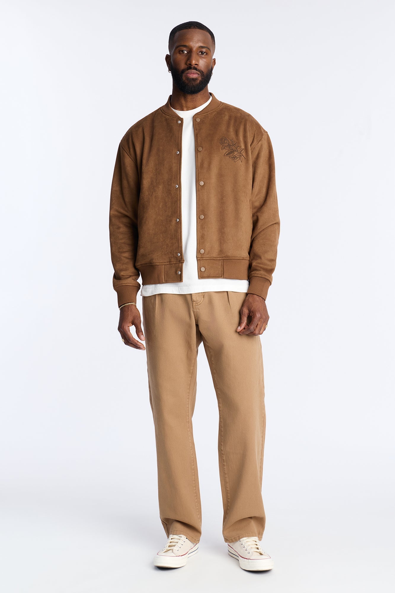 Faux Suede Embroidered Blossom Bomber Jacket - Tan Fashion Nova