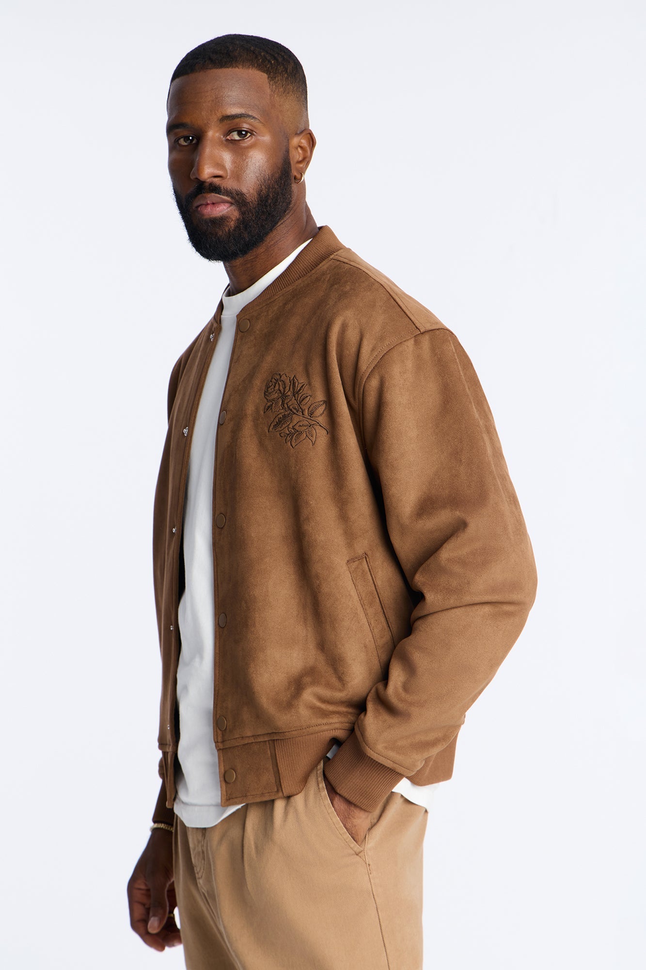 Faux Suede Embroidered Blossom Bomber Jacket - Tan Fashion Nova