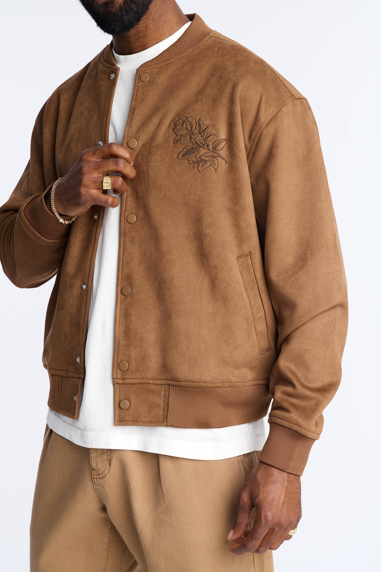 Faux Suede Embroidered Blossom Bomber Jacket - Tan Fashion Nova