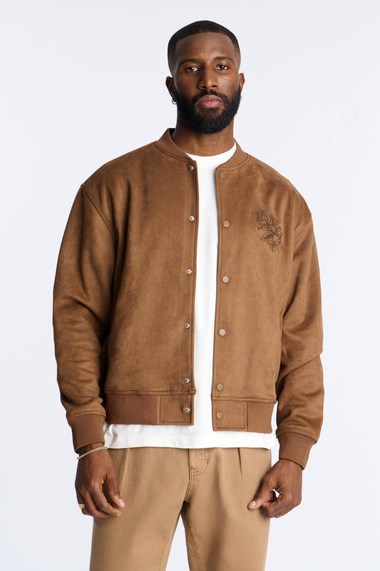 Faux Suede Embroidered Blossom Bomber Jacket - Tan Fashion Nova