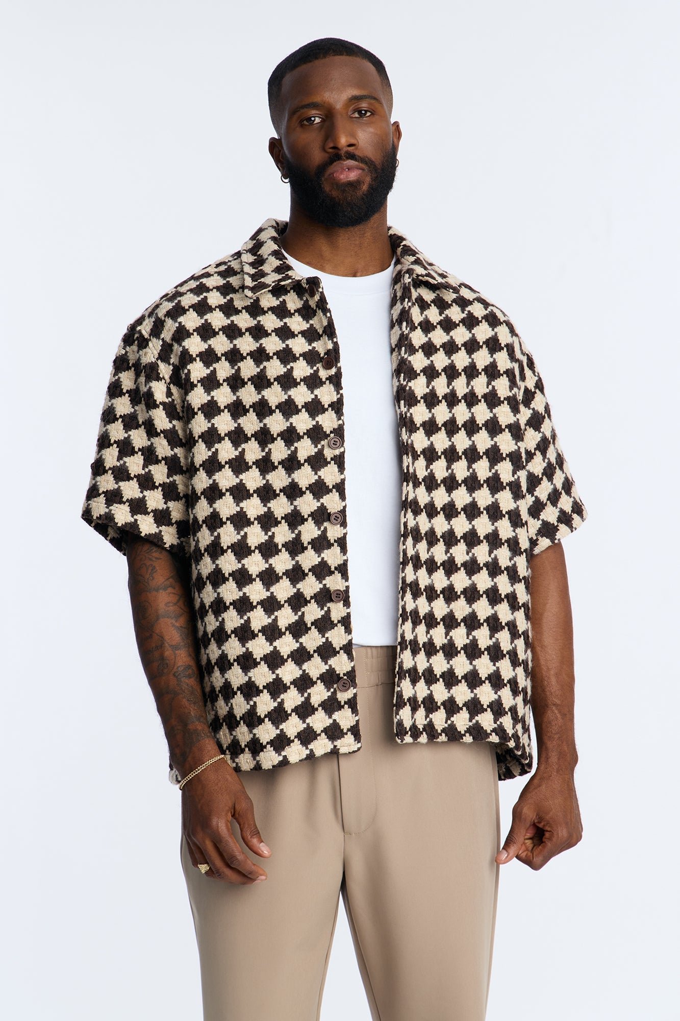 Boxy Cropped Mosaic Button Up Shirt - Brown Fashion Nova