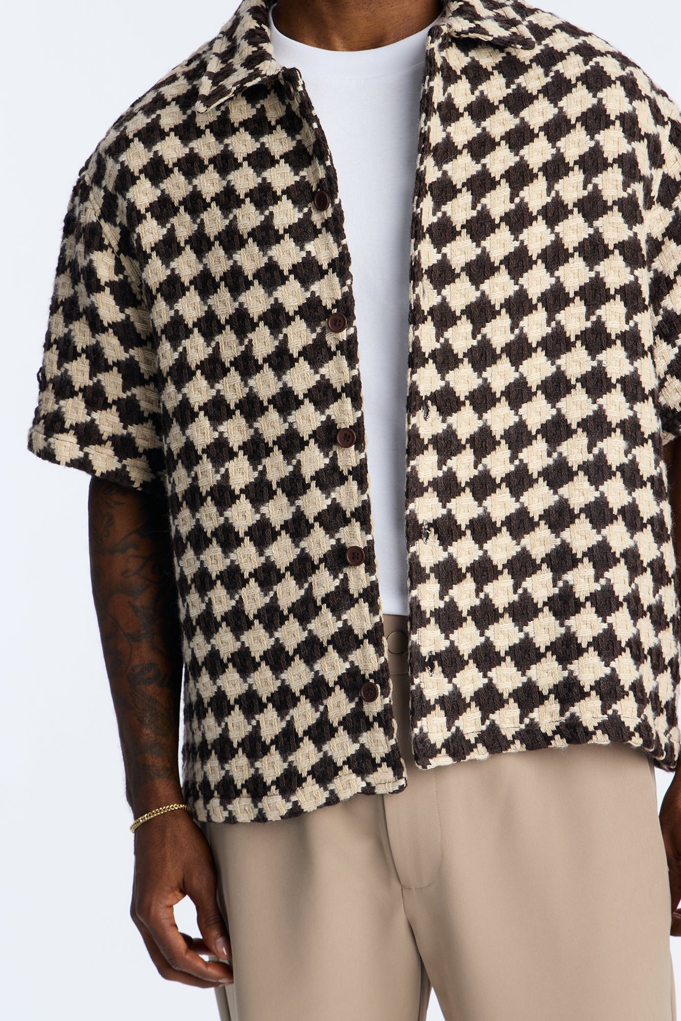 Boxy Cropped Mosaic Button Up Shirt - Brown Fashion Nova