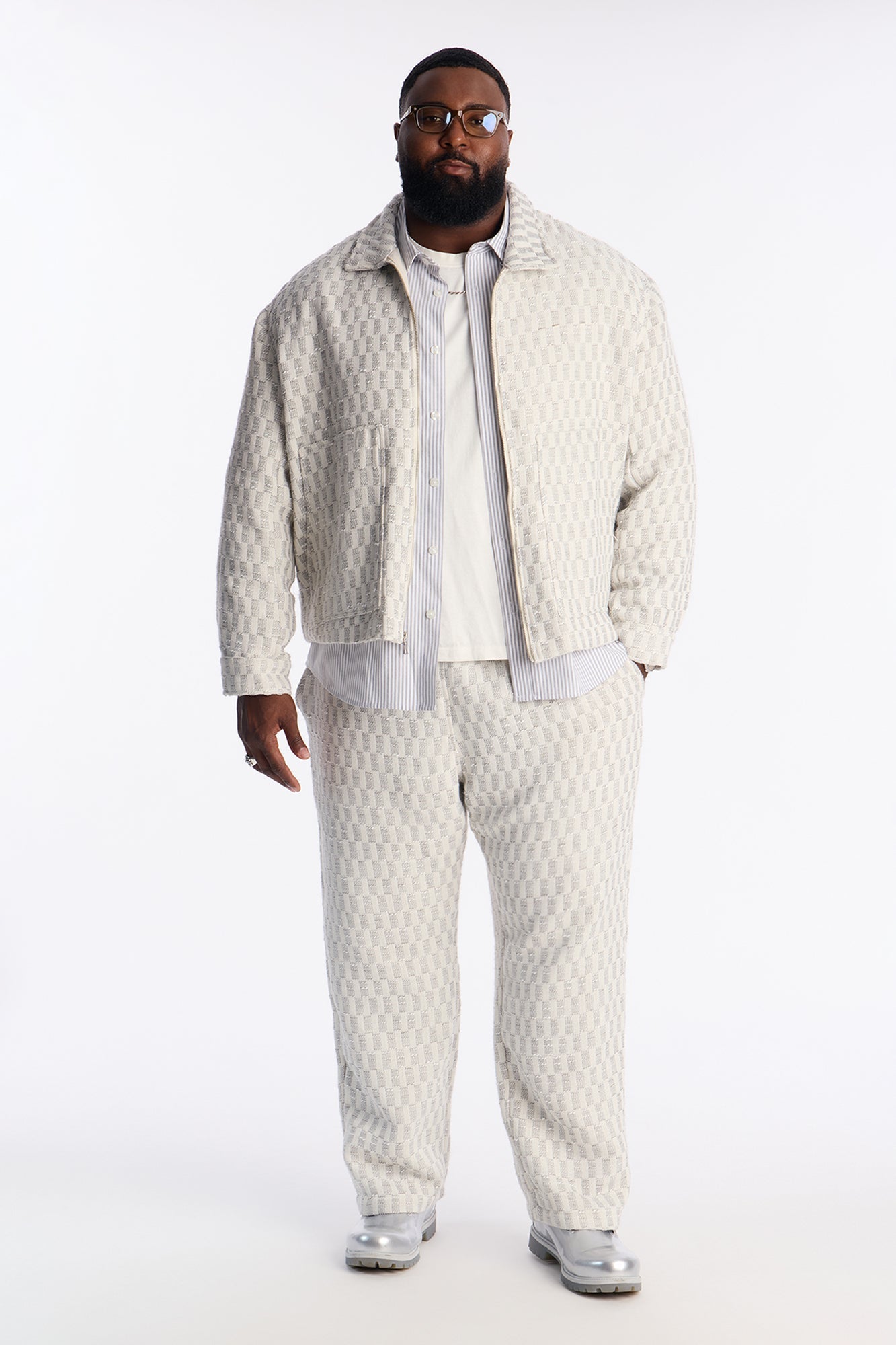 Relaxed Cropped Checker Work Jacket - Cream Fashion Nova