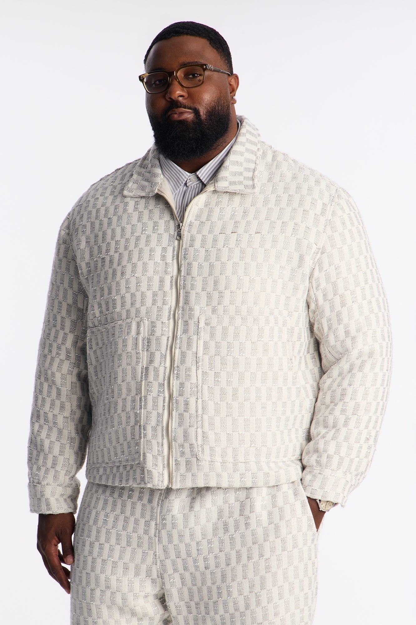 Relaxed Cropped Checker Work Jacket - Cream Fashion Nova