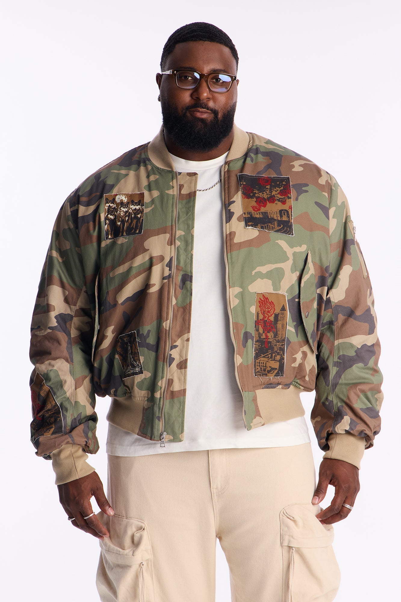 Oversized Padded Distressed Patched Bomber Jacket - Camouflage Fashion Nova
