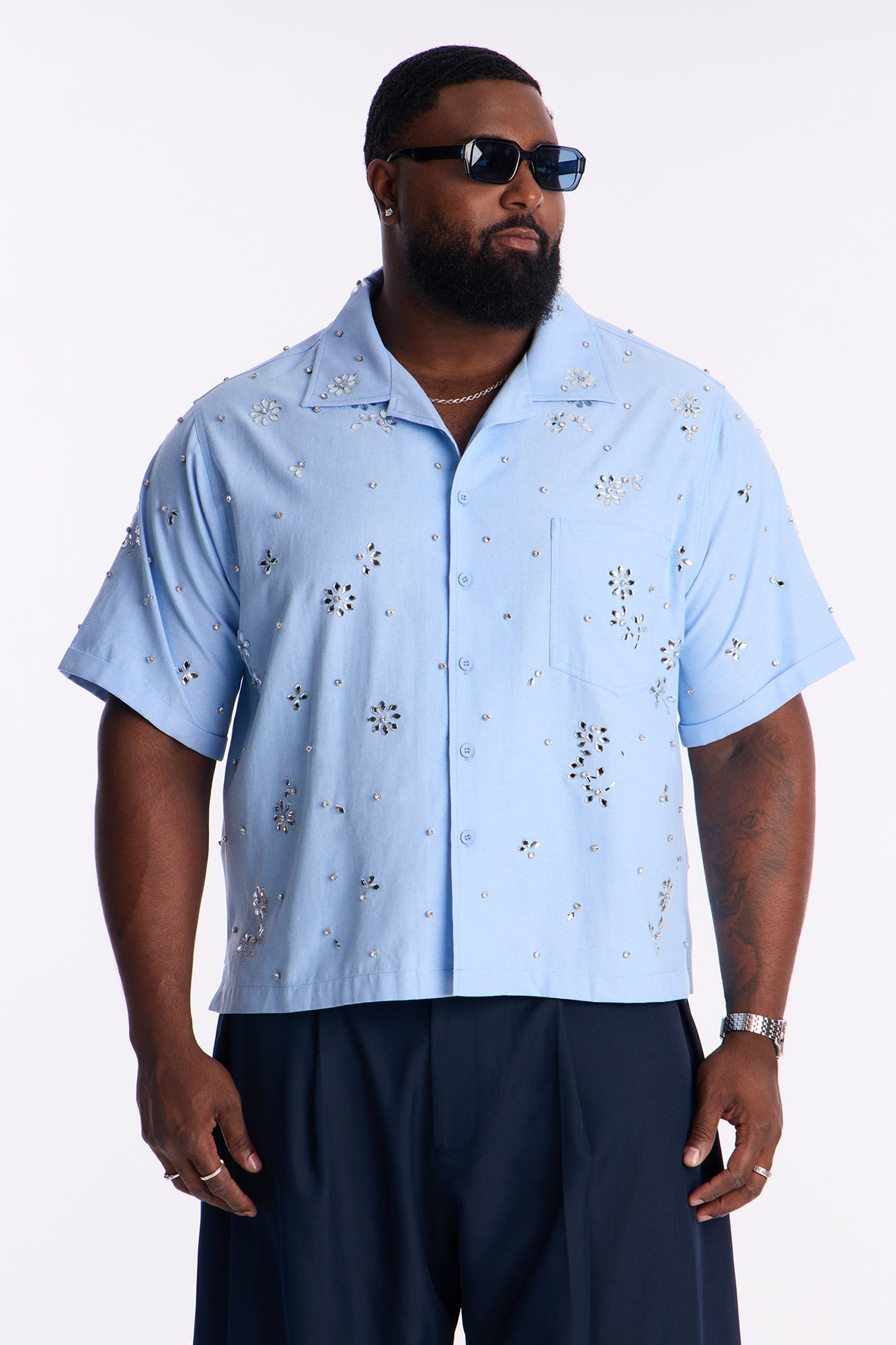 Chrome Bloom Cuban Button Up Shirt - Light Blue Fashion Nova
