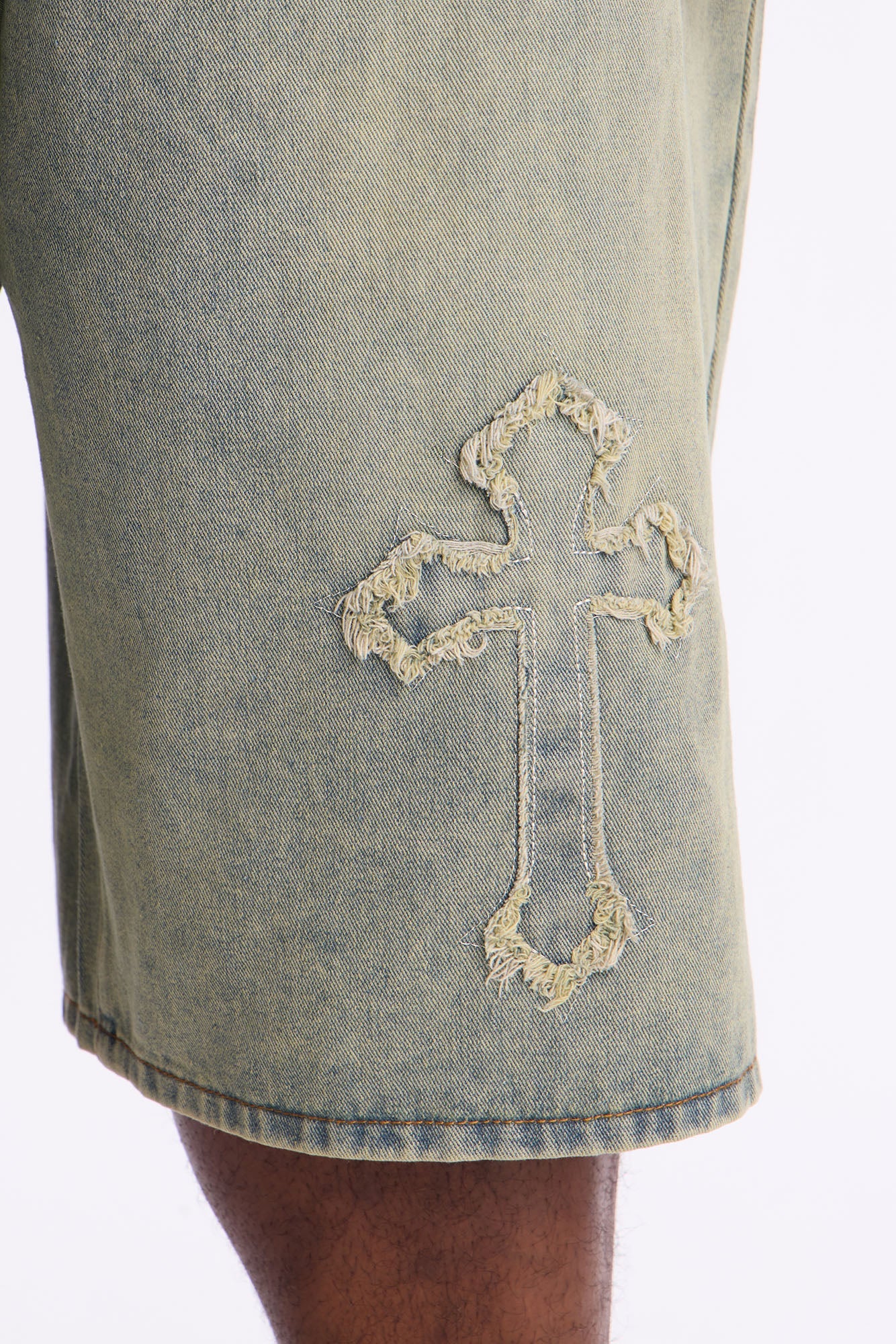 Baggy Love Cross Jeweled Denim Short - Vintage Wash Fashion Nova