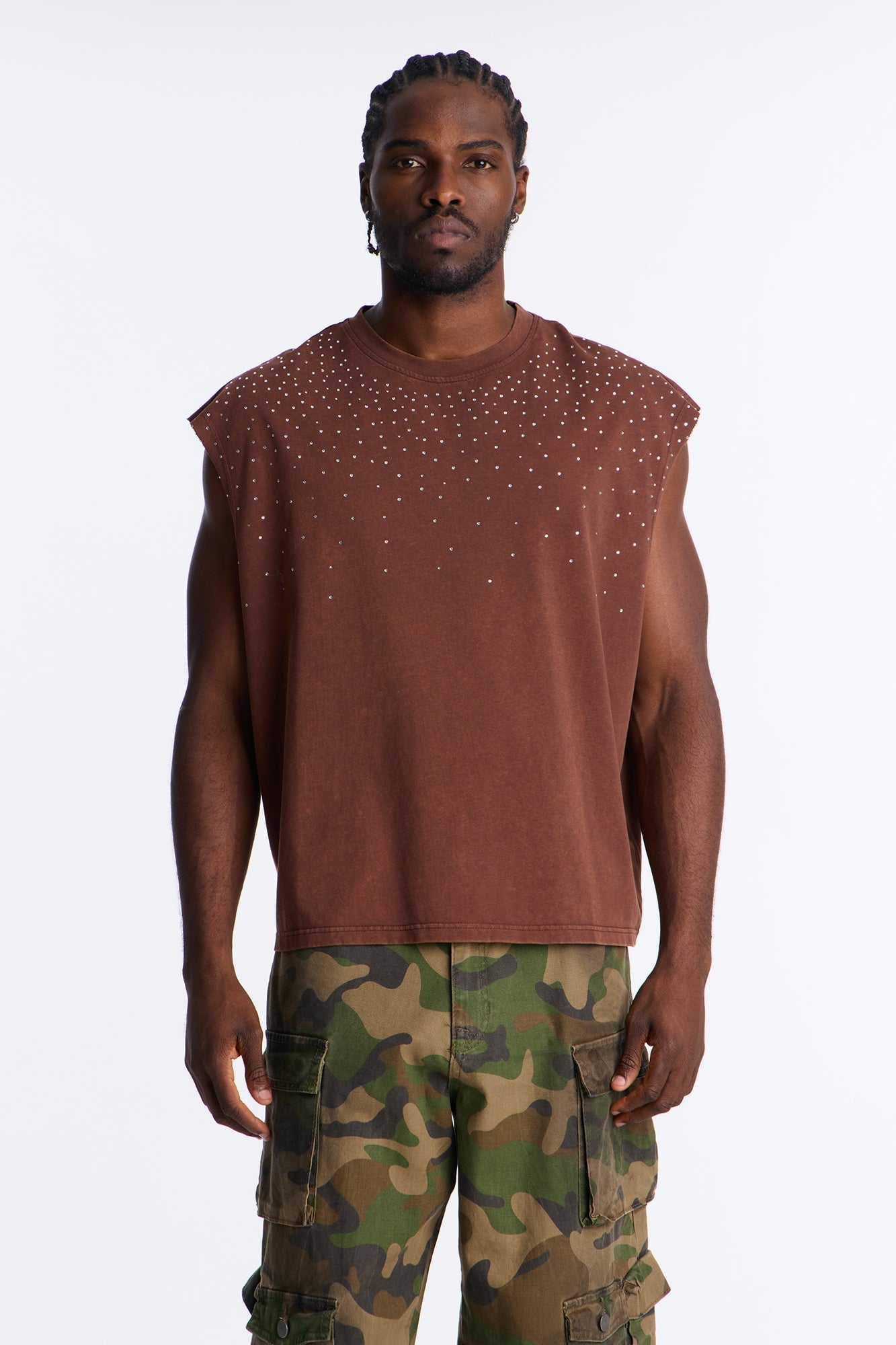 Embellished Stone Muscle Tee - Brown Fashion Nova