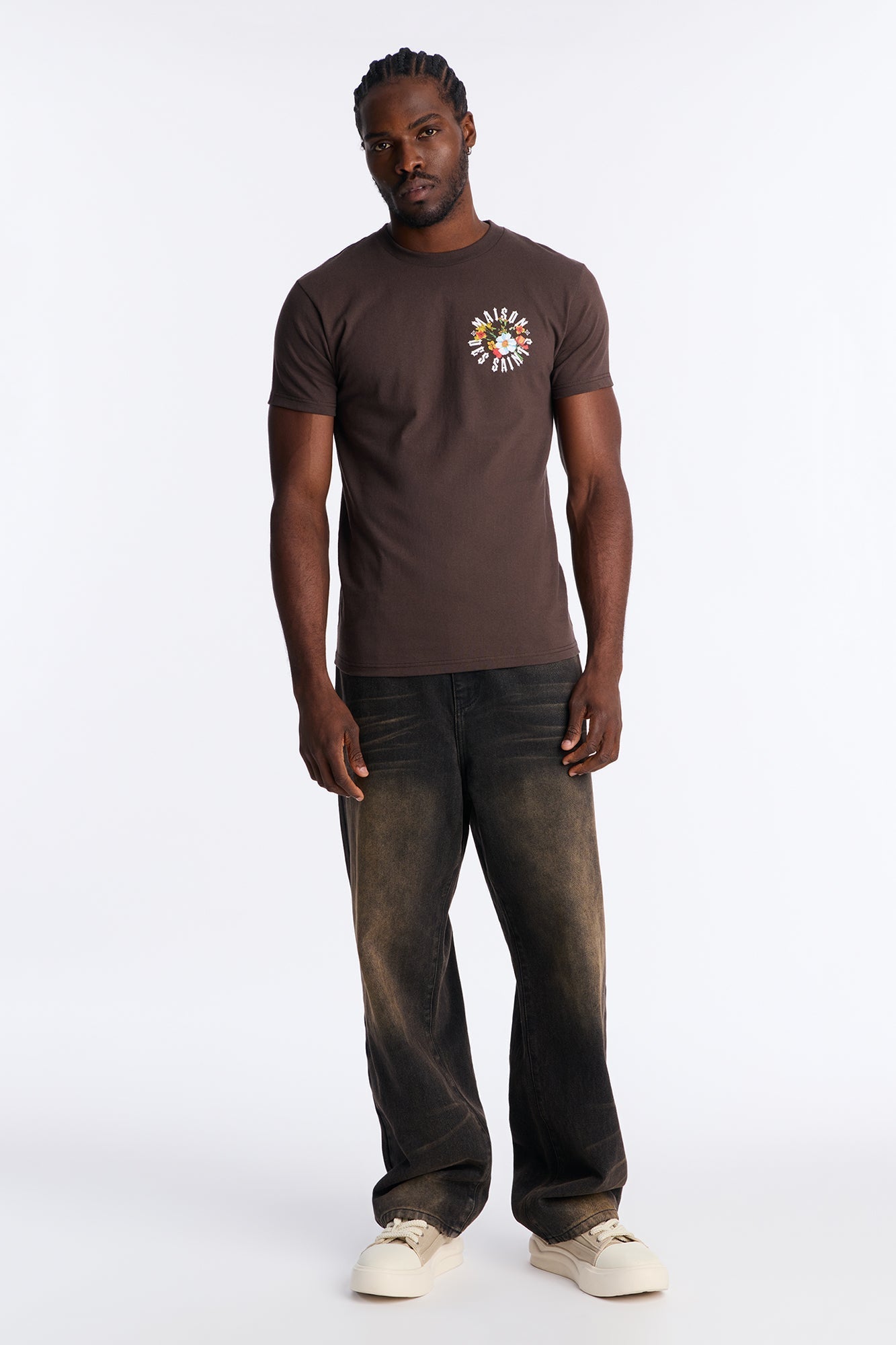 Maison Flower Print Short Sleeve Tee - Brown Fashion Nova
