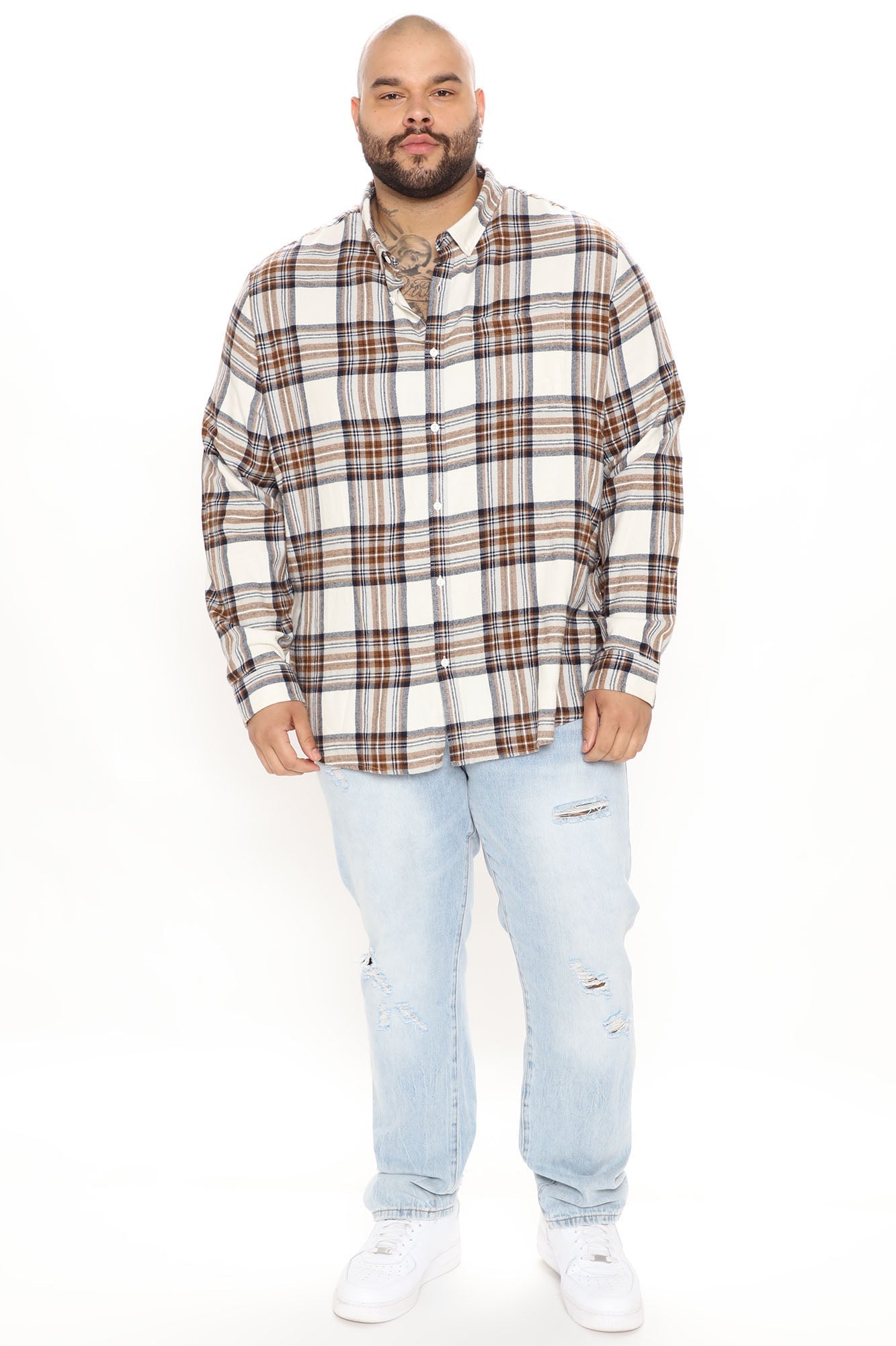 Light Breeze Plaid Long Sleeve Woven Top - Khaki/combo Fashion Nova