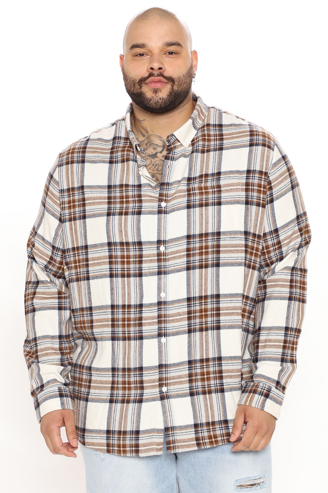 Light Breeze Plaid Long Sleeve Woven Top - Khaki/combo Fashion Nova