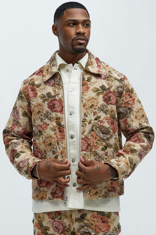 Bellevue Floral Tapestry Work Jacket - Taupe/combo Fashion Nova