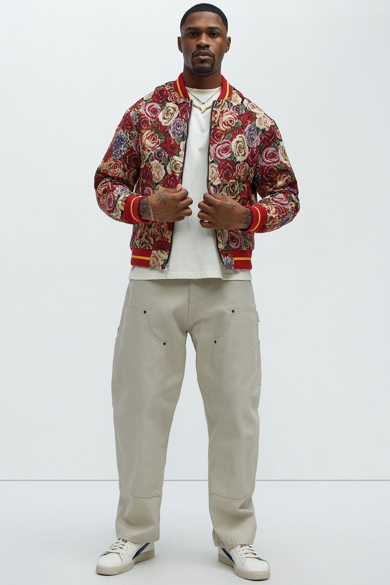 Ditson Tapestry Varsity Jacket - Red/combo Fashion Nova