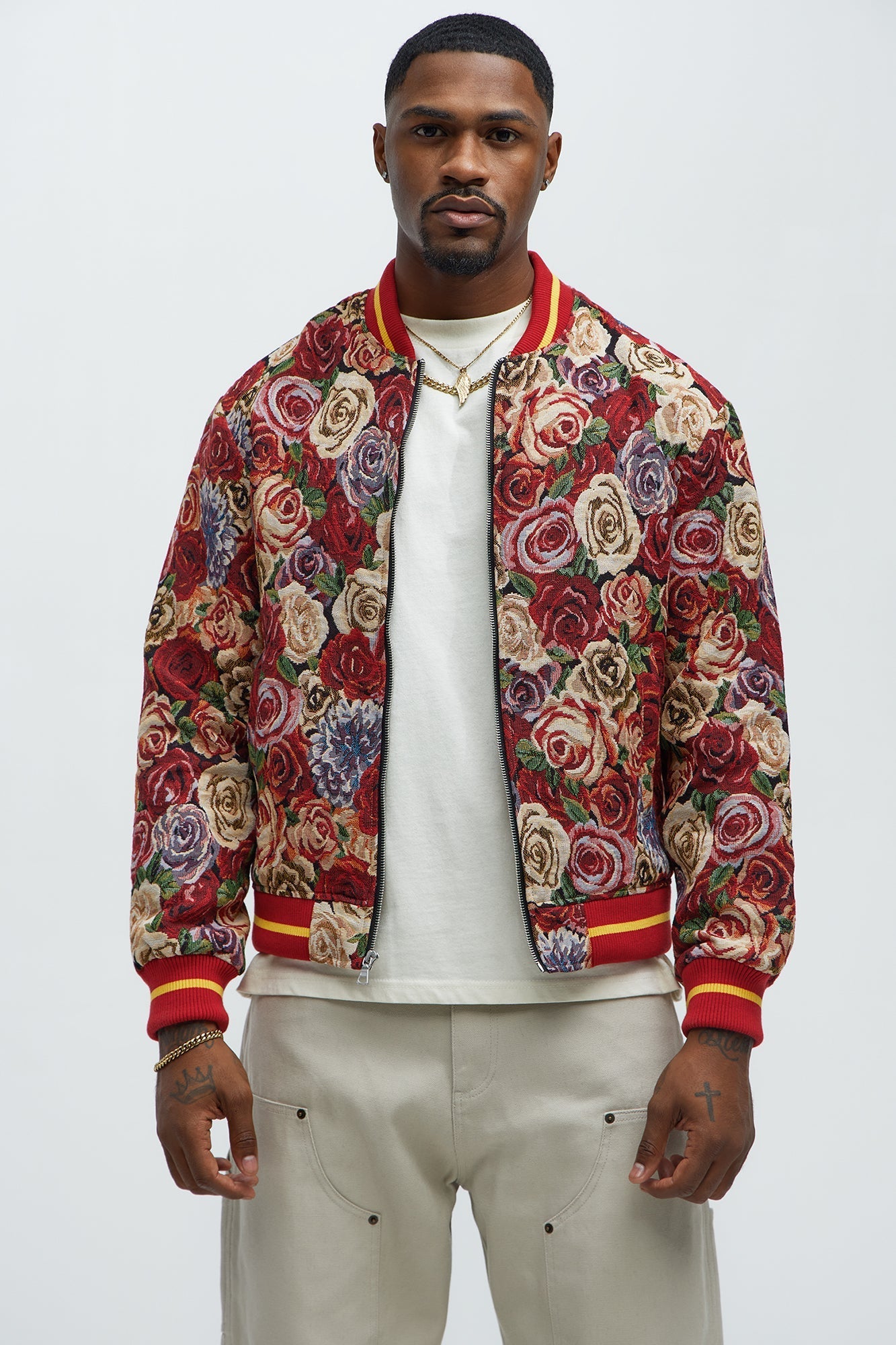 Ditson Tapestry Varsity Jacket - Red/combo Fashion Nova