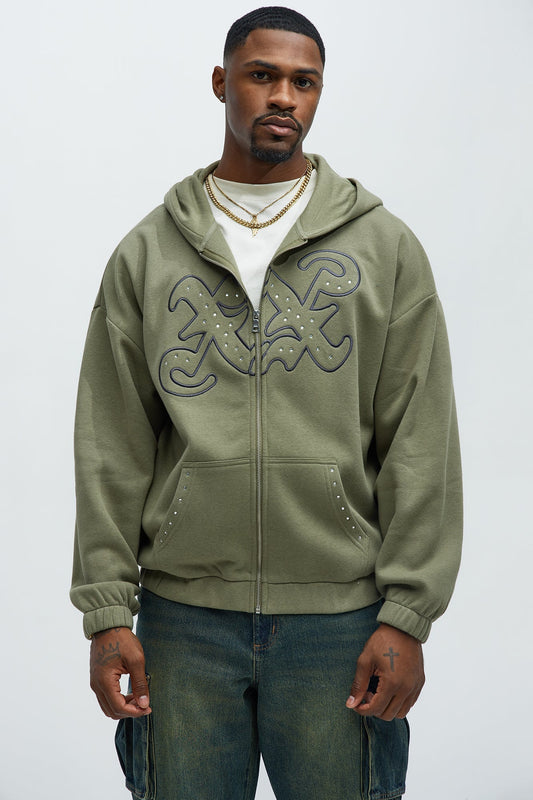 Tyson Rhinestone Oversized Zip Up Hoodie - Olive Fashion Nova