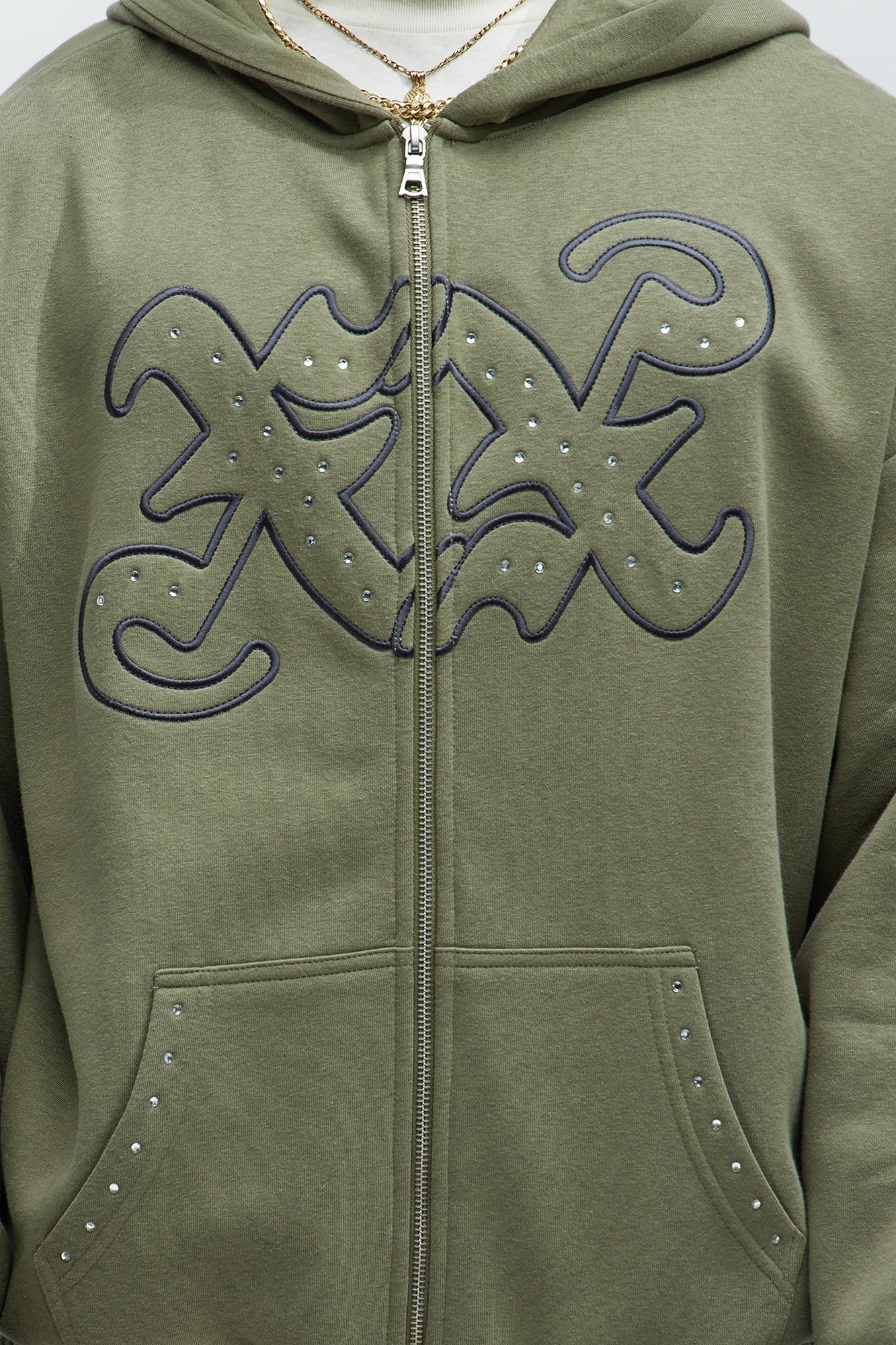 Tyson Rhinestone Oversized Zip Up Hoodie - Olive Fashion Nova