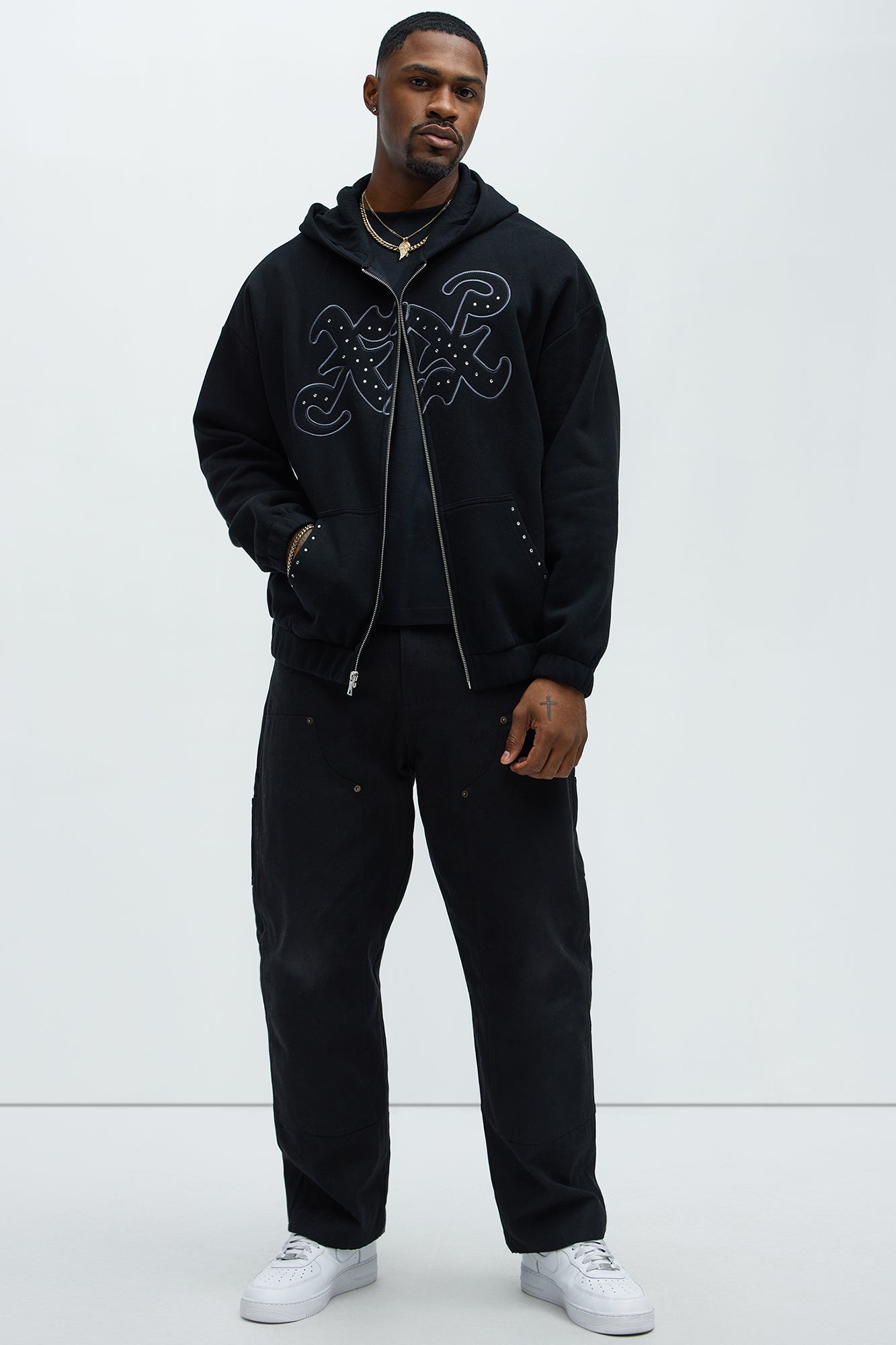 Tyson Rhinestone Oversized Zip Up Hoodie - Black Fashion Nova