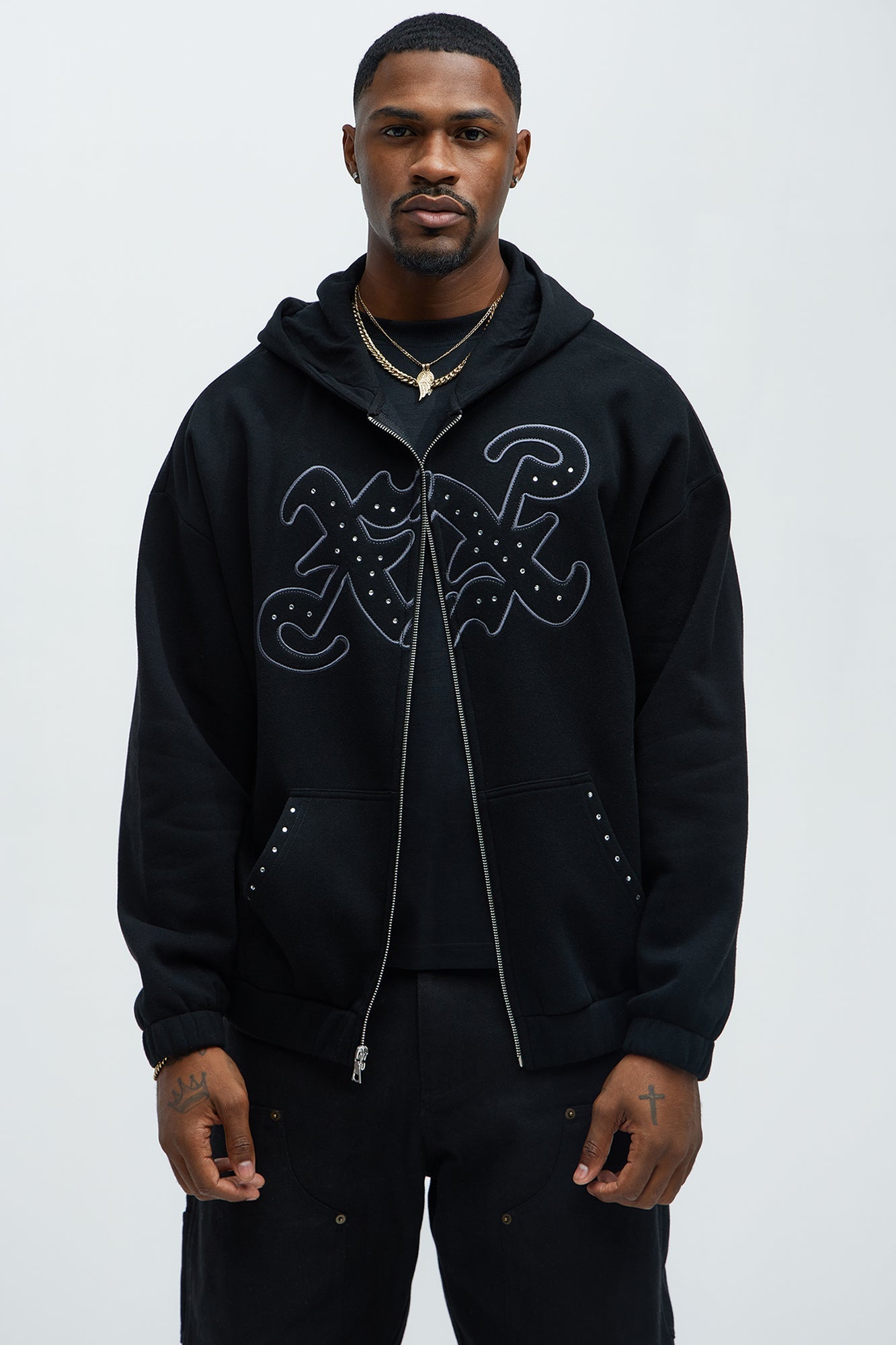 Tyson Rhinestone Oversized Zip Up Hoodie - Black Fashion Nova