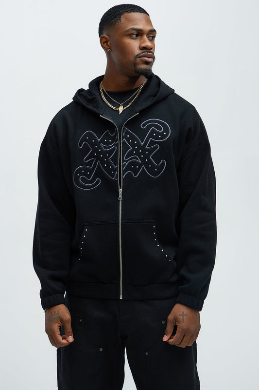 Tyson Rhinestone Oversized Zip Up Hoodie - Black Fashion Nova