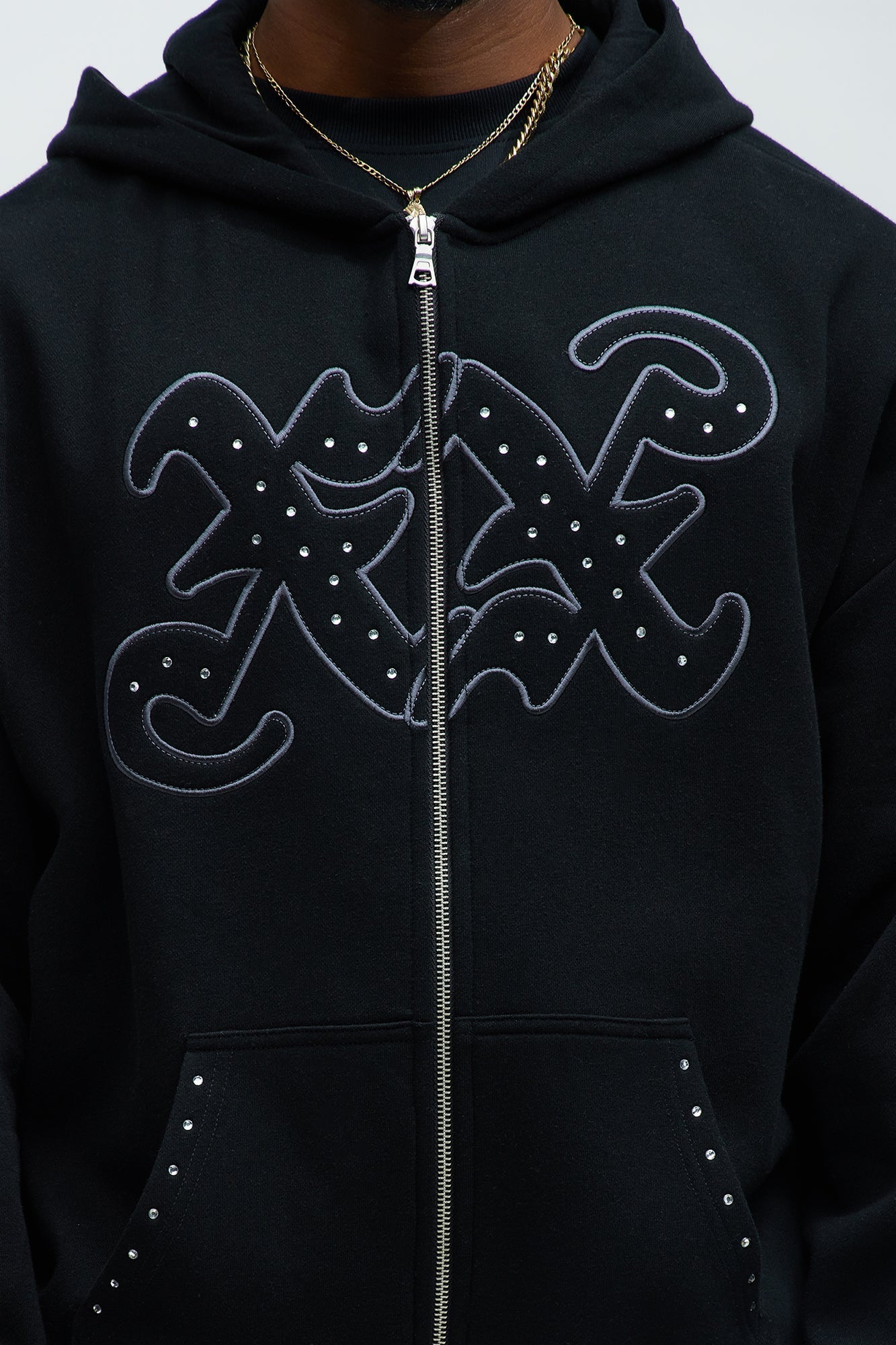 Tyson Rhinestone Oversized Zip Up Hoodie - Black Fashion Nova