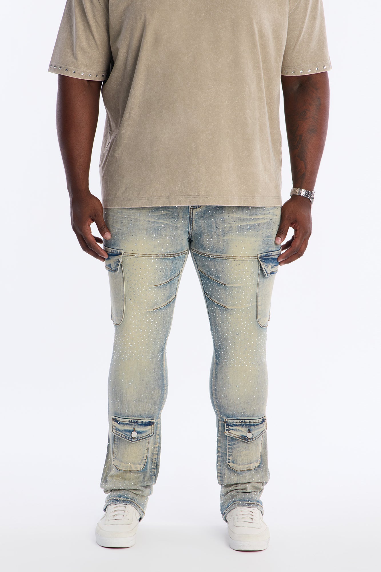 Stacked Skinny Flare Speckled Jeweled Cargo Jean - Medium Wash Fashion Nova