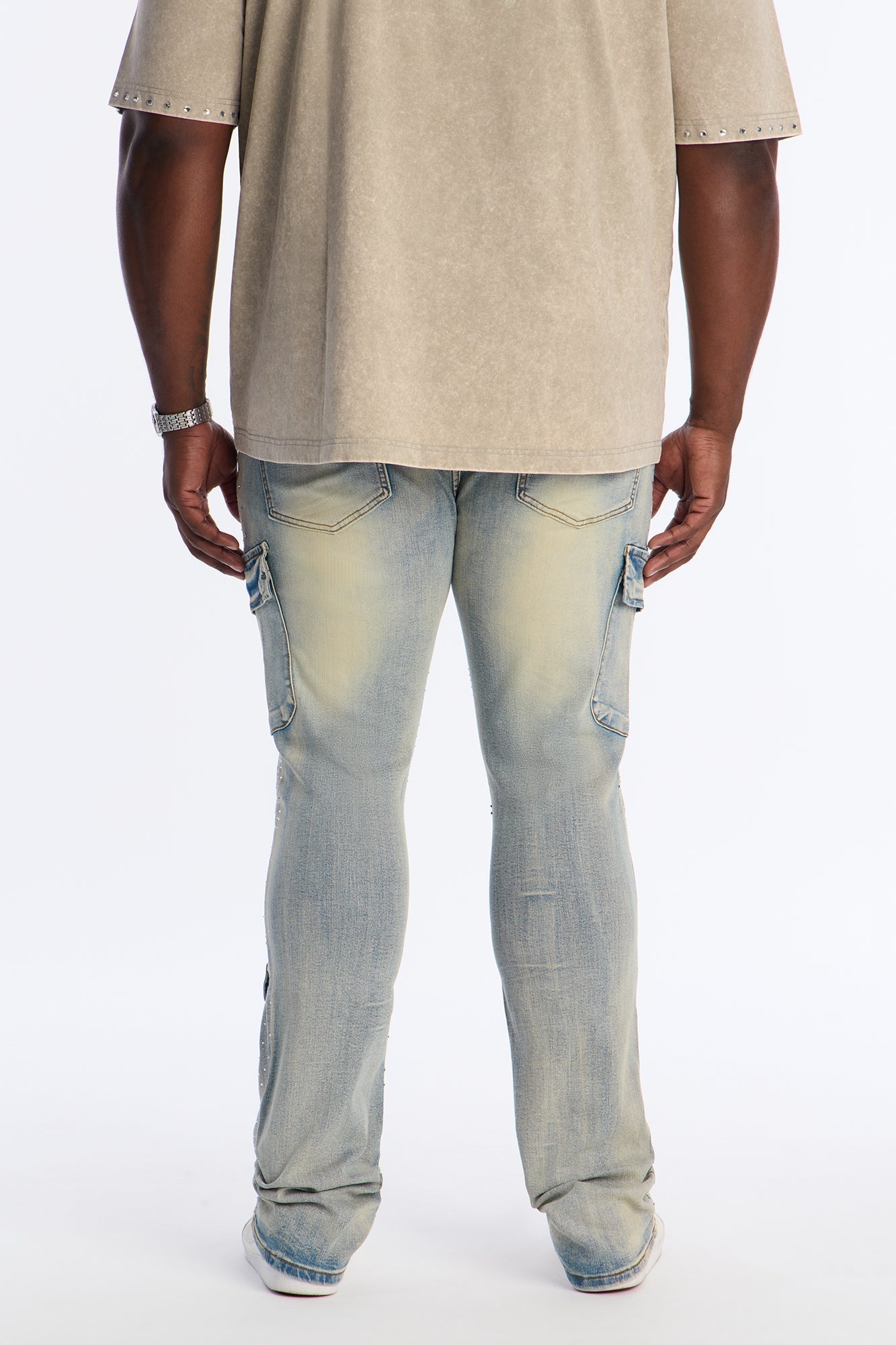 Stacked Skinny Flare Speckled Jeweled Cargo Jean - Medium Wash Fashion Nova