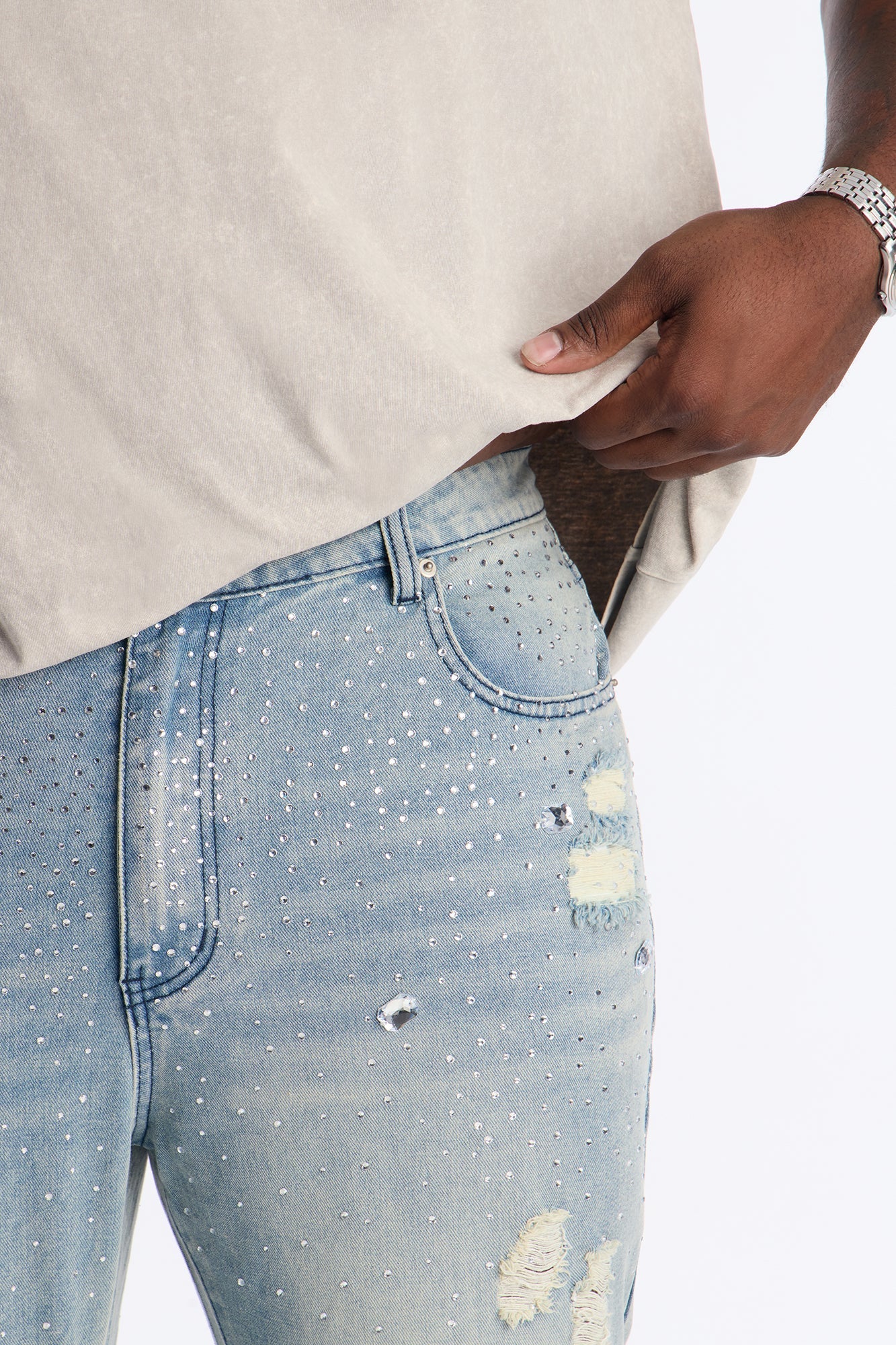 Stacked Skinny Flare Walk Me Through Jeweled Distressed Jean - Medium Blue Wash Fashion Nova
