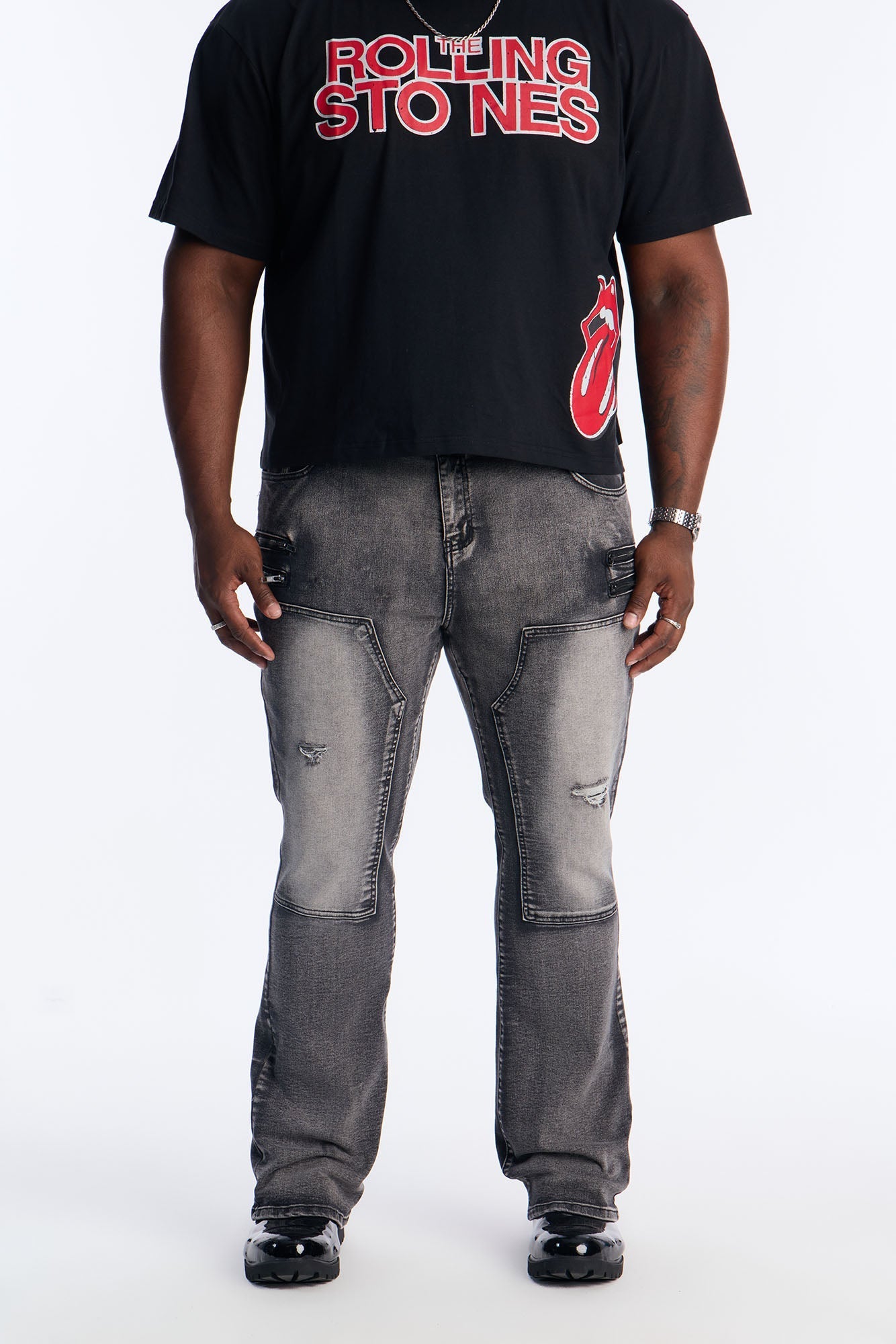 Stacked Skinny Flare Up To Me Carpenter Distressed Jean - Black Wash Fashion Nova