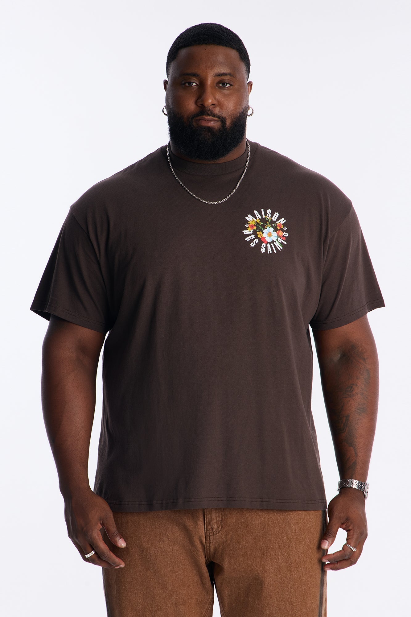 Maison Flower Print Short Sleeve Tee - Brown Fashion Nova