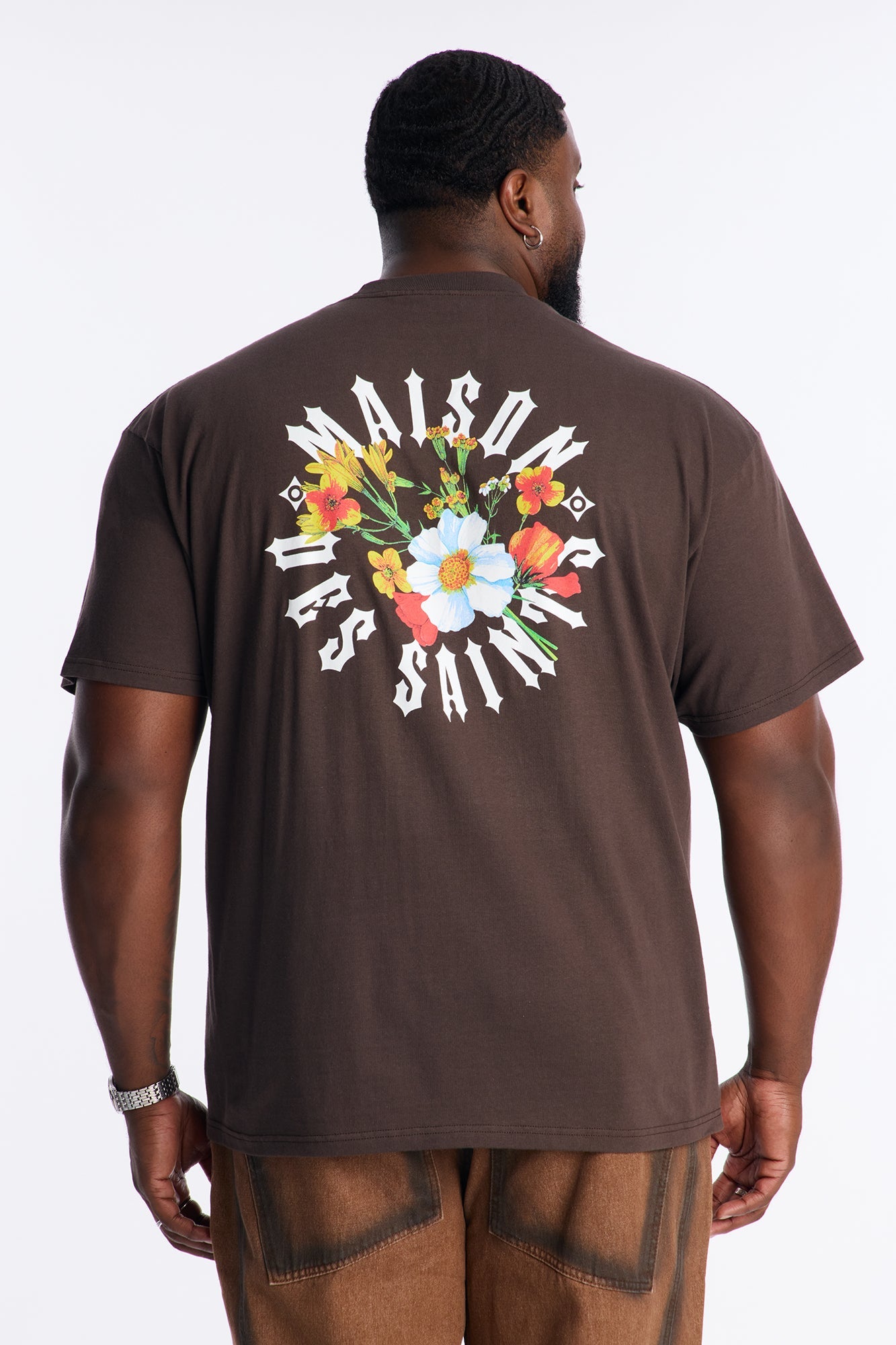 Maison Flower Print Short Sleeve Tee - Brown Fashion Nova