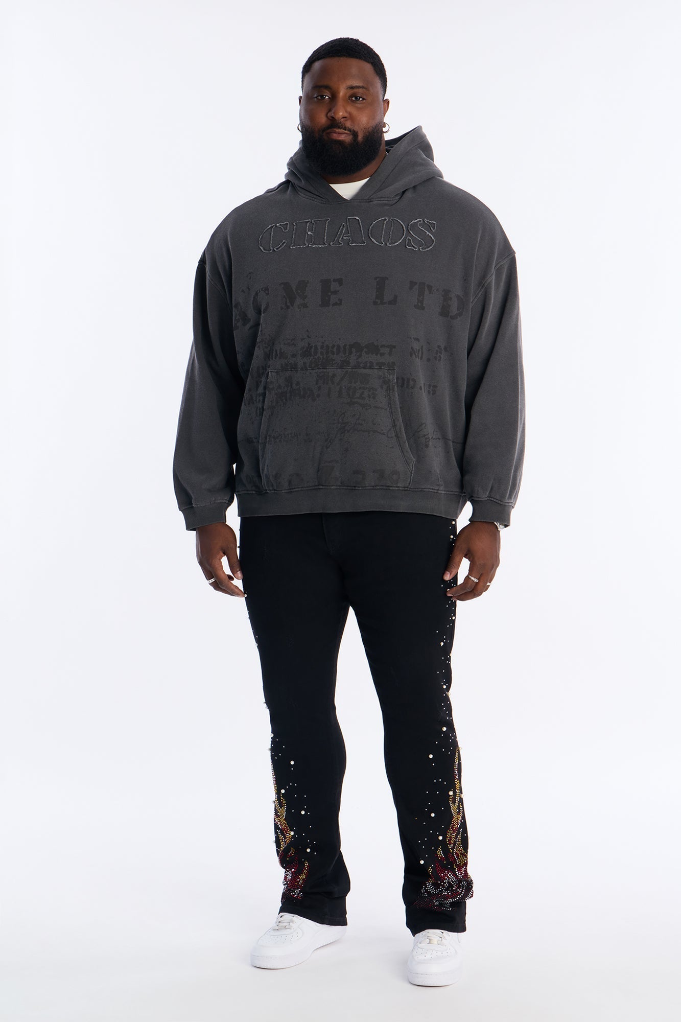 Stacked Skinny Flare Flamed Rose Jeweled Jean - Black Fashion Nova