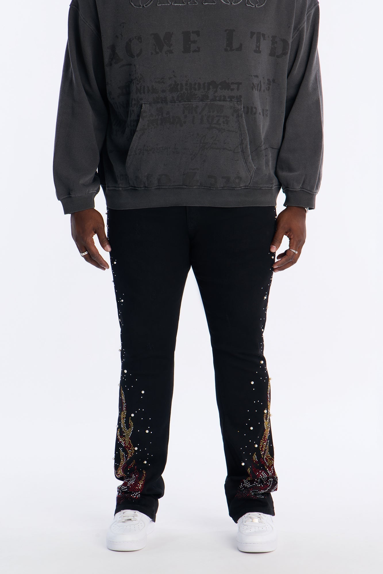 Stacked Skinny Flare Flamed Rose Jeweled Jean - Black Fashion Nova